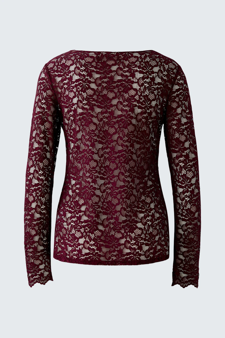 Damen-T-Shirt: Rotes, langärmliges Shirt aus Spitze mit floralem Muster, hinten sichtbar.