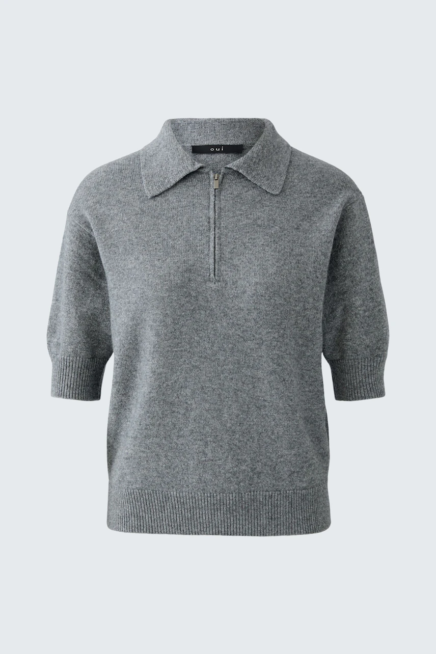 Casual women's pullover: Grey short-sleeve pullover with a collar and half-zip design.
