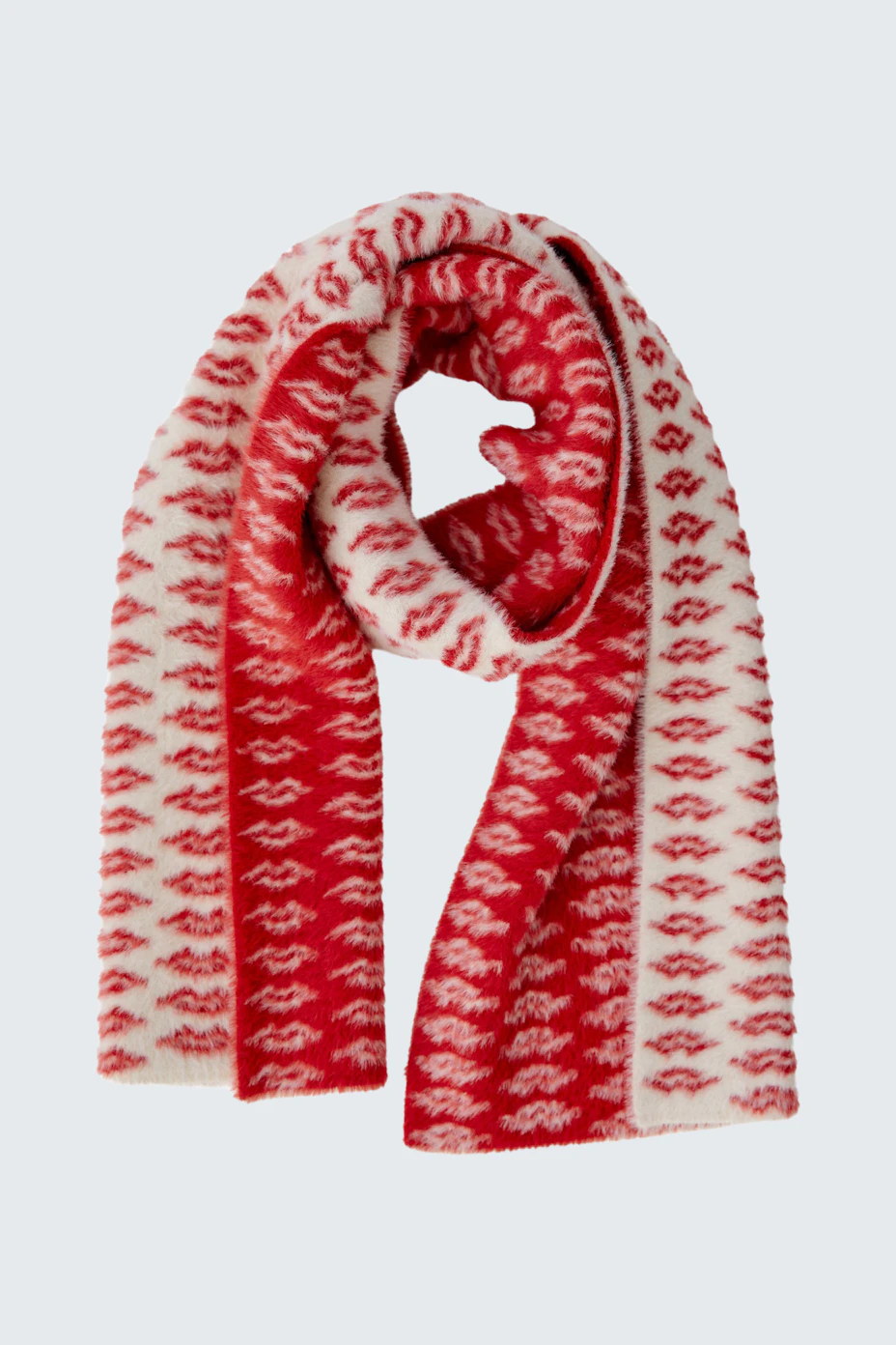 Gemusterter Damen-Schal: Rote und weiße Farben mit verspieltem Design, ideal für kalte Tage.