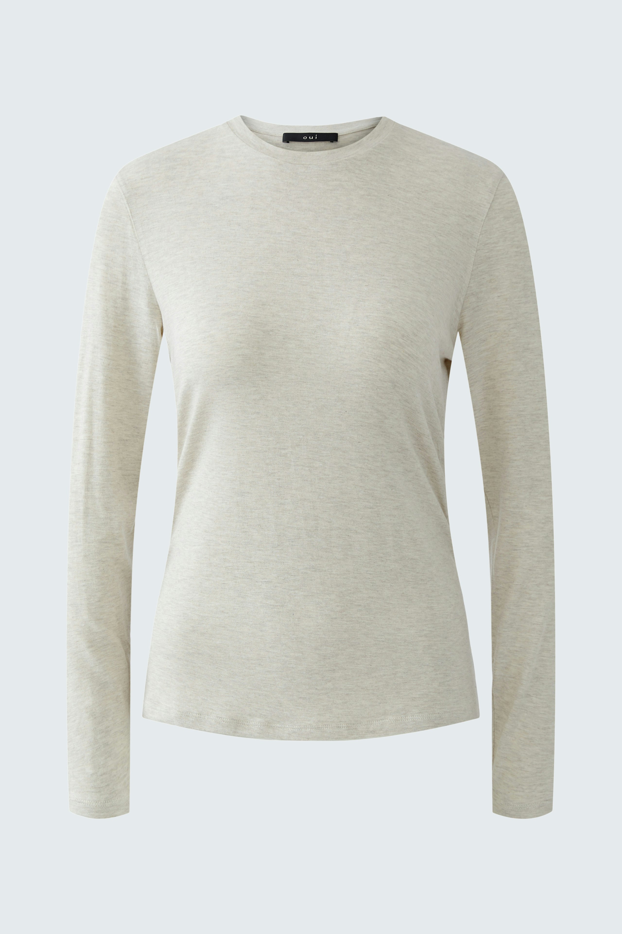 Beige Damen-Langarmshirt: Schlichte, bequeme Passform mit Rundhalsausschnitt und langen Ärmeln.