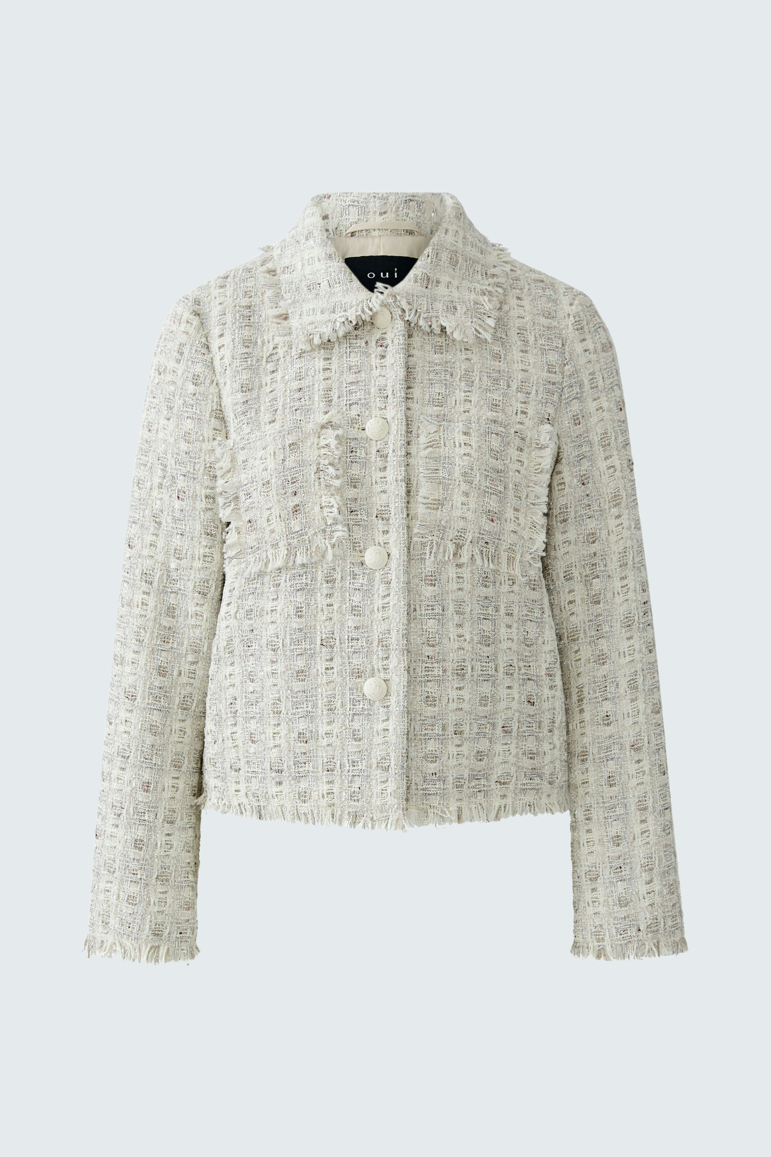 Casual women's jacket: A light-colored jacket with a textured pattern, featuring a classic collar and button closure.