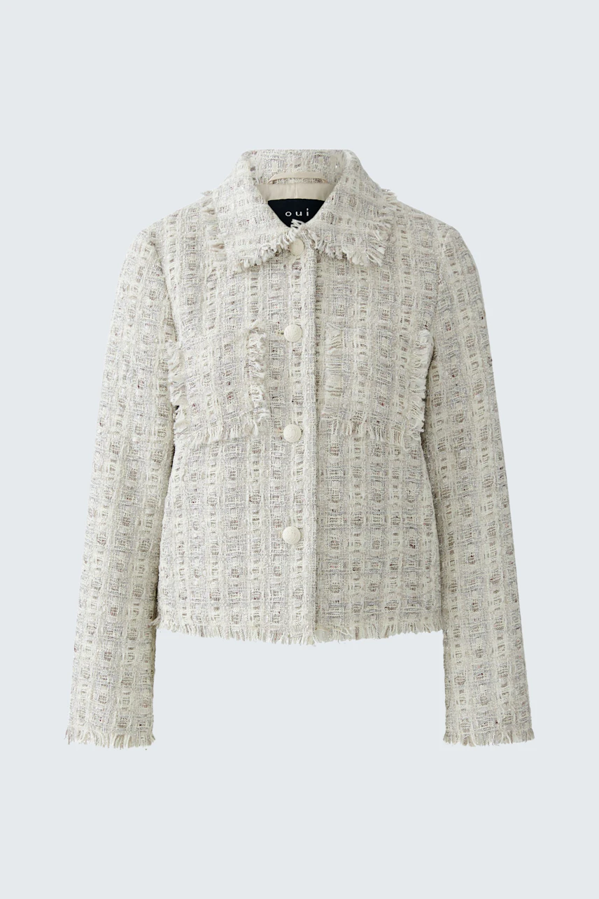 Damen-Jacke: Weiße, strukturierte Jacke mit Knöpfen und klassischem Kragen, ideal für den Alltag.