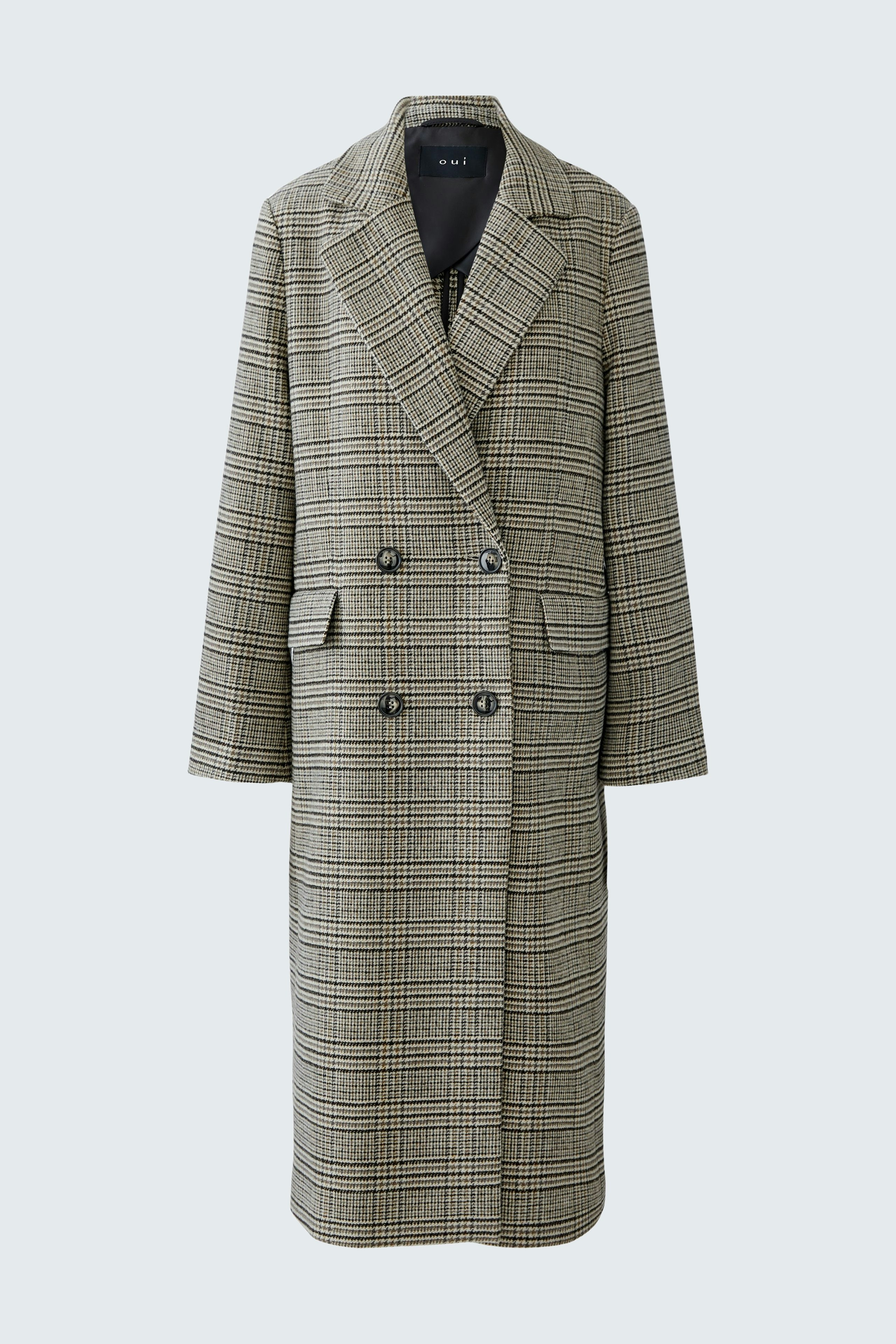 Stylish women's wool coat in a check pattern, featuring a double-breasted design and pockets.