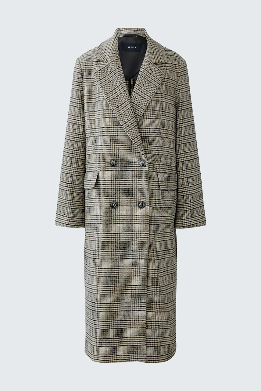 Stylish women's wool coat in a check pattern, featuring a double-breasted design and pockets.