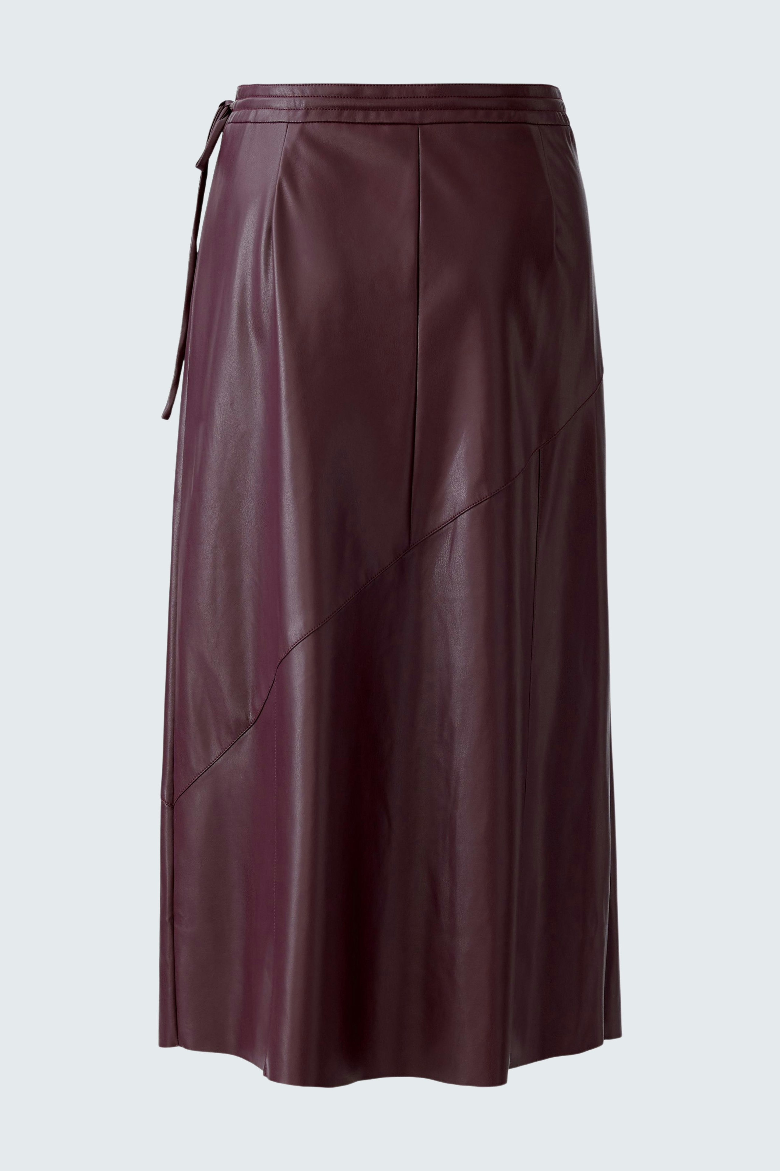 Stylish women's wrap skirt in burgundy faux leather with a flattering silhouette.