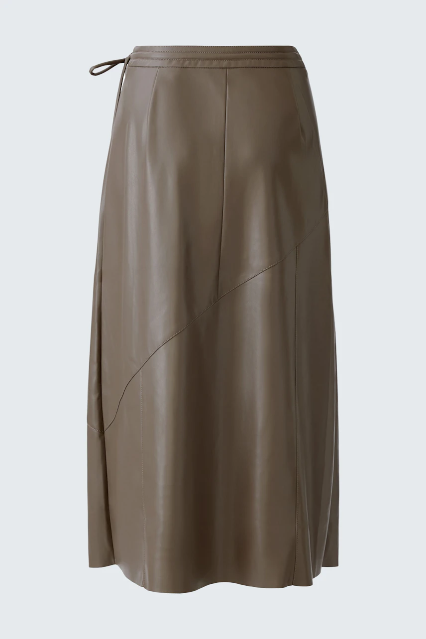 Stylish women's wrap skirt in brown faux leather with a flowing silhouette and adjustable tie.