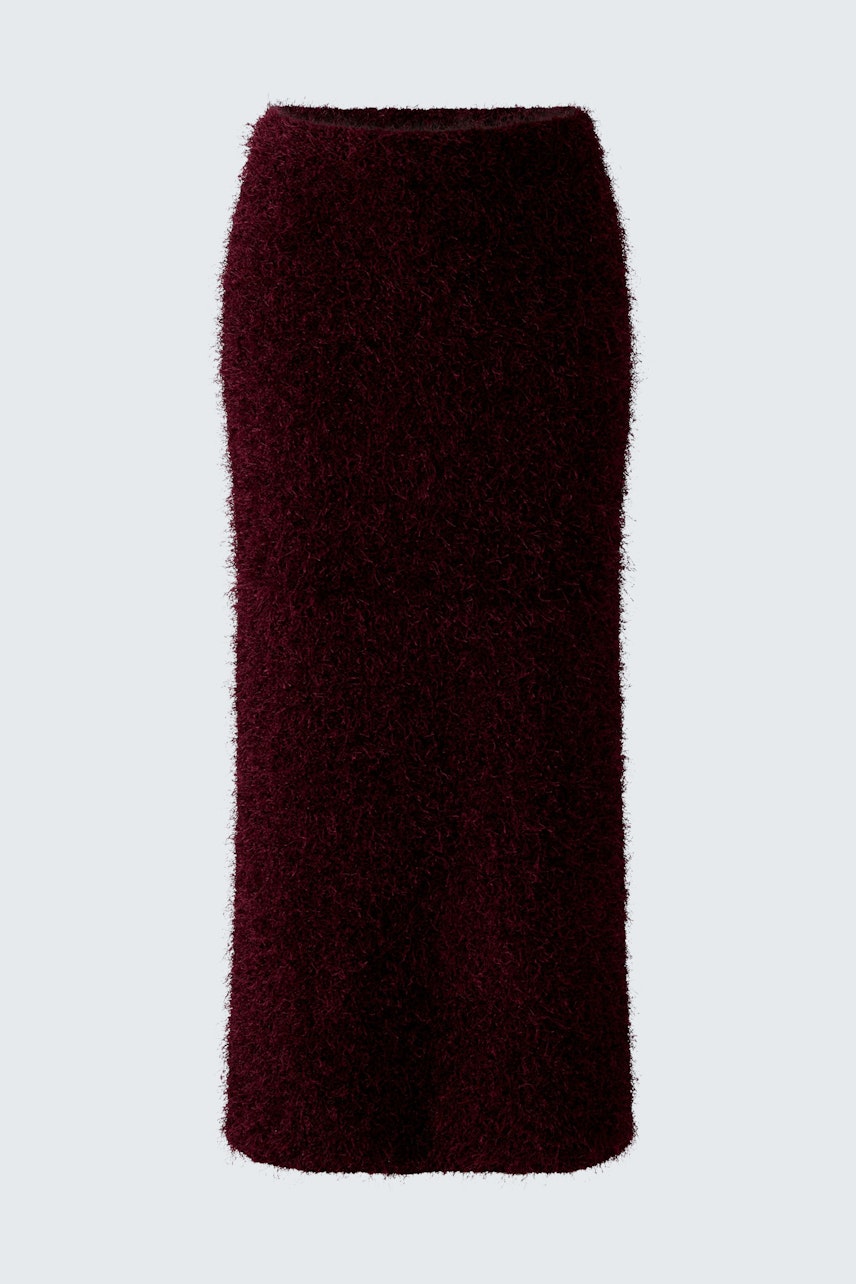 Cozy women's knitted skirt in deep burgundy, perfect for casual layering.