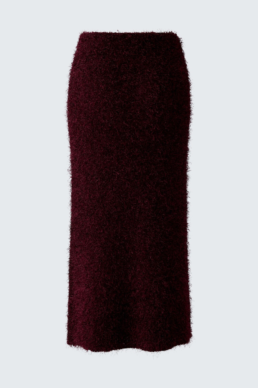 Cozy women's knit skirt in deep burgundy, perfect for casual layering.