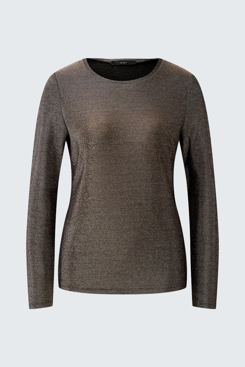 Casual women's long-sleeve shirt in a shimmering brown fabric, perfect for everyday wear.
