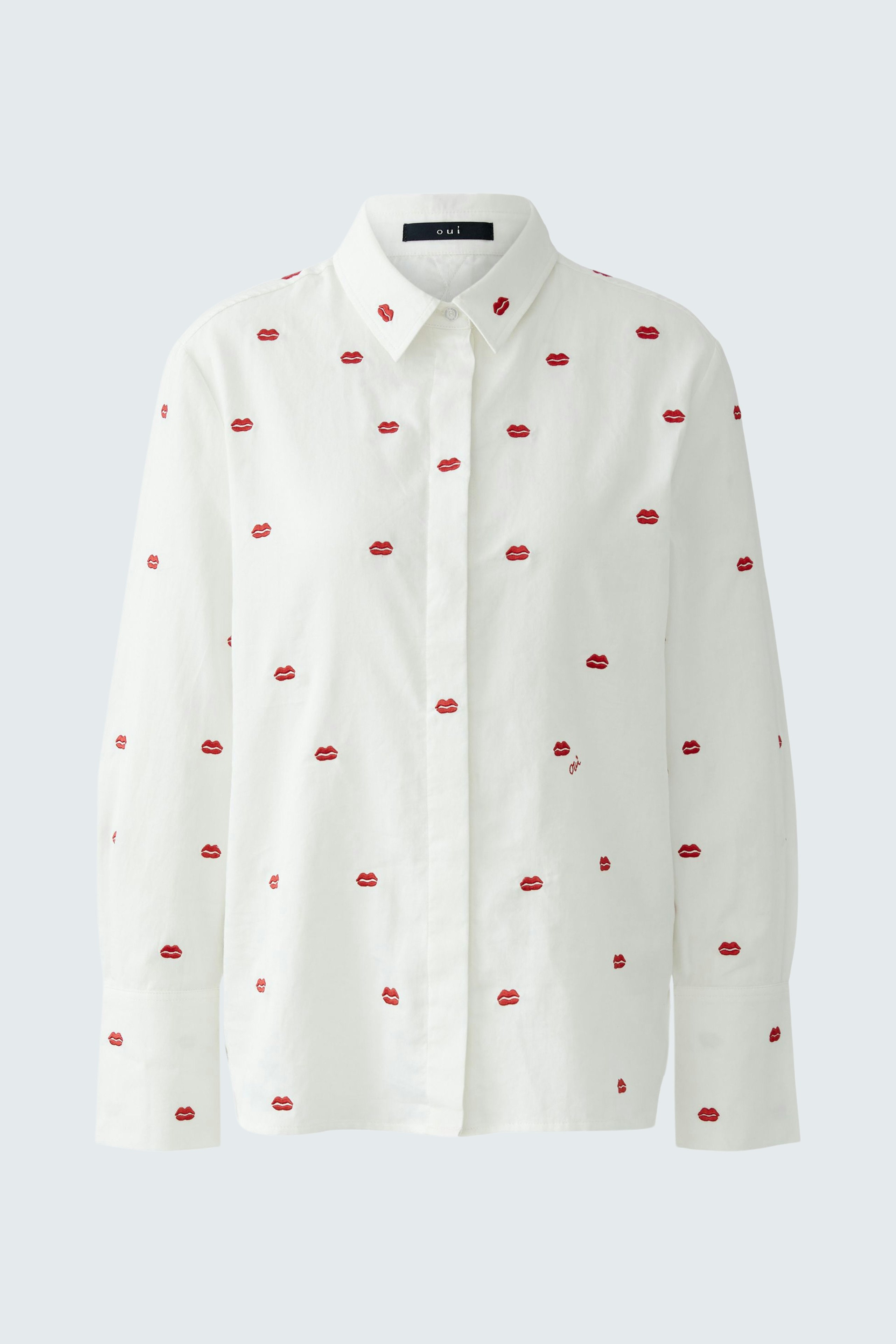 Casual women's blouse: White shirt with red lips pattern, featuring a classic collar and button-up design.