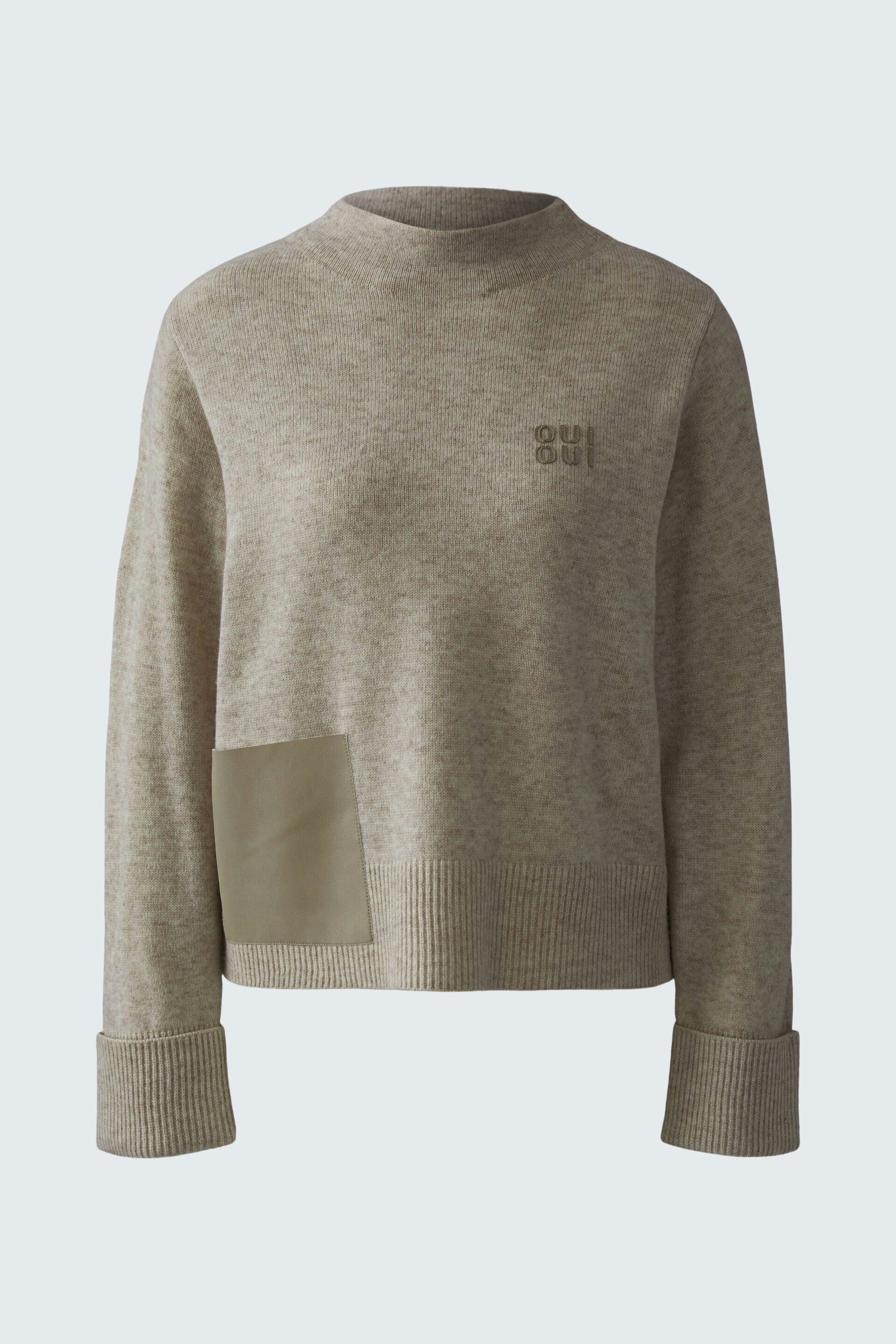 Casual women's pullover in light beige with a unique patch detail and relaxed fit.