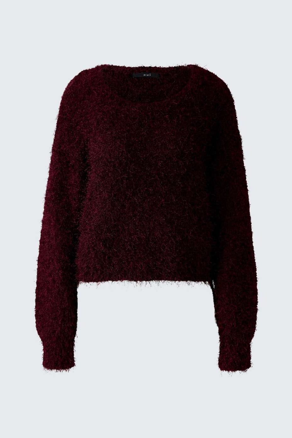 Cozy women's pullover in deep burgundy with a relaxed fit and soft texture.