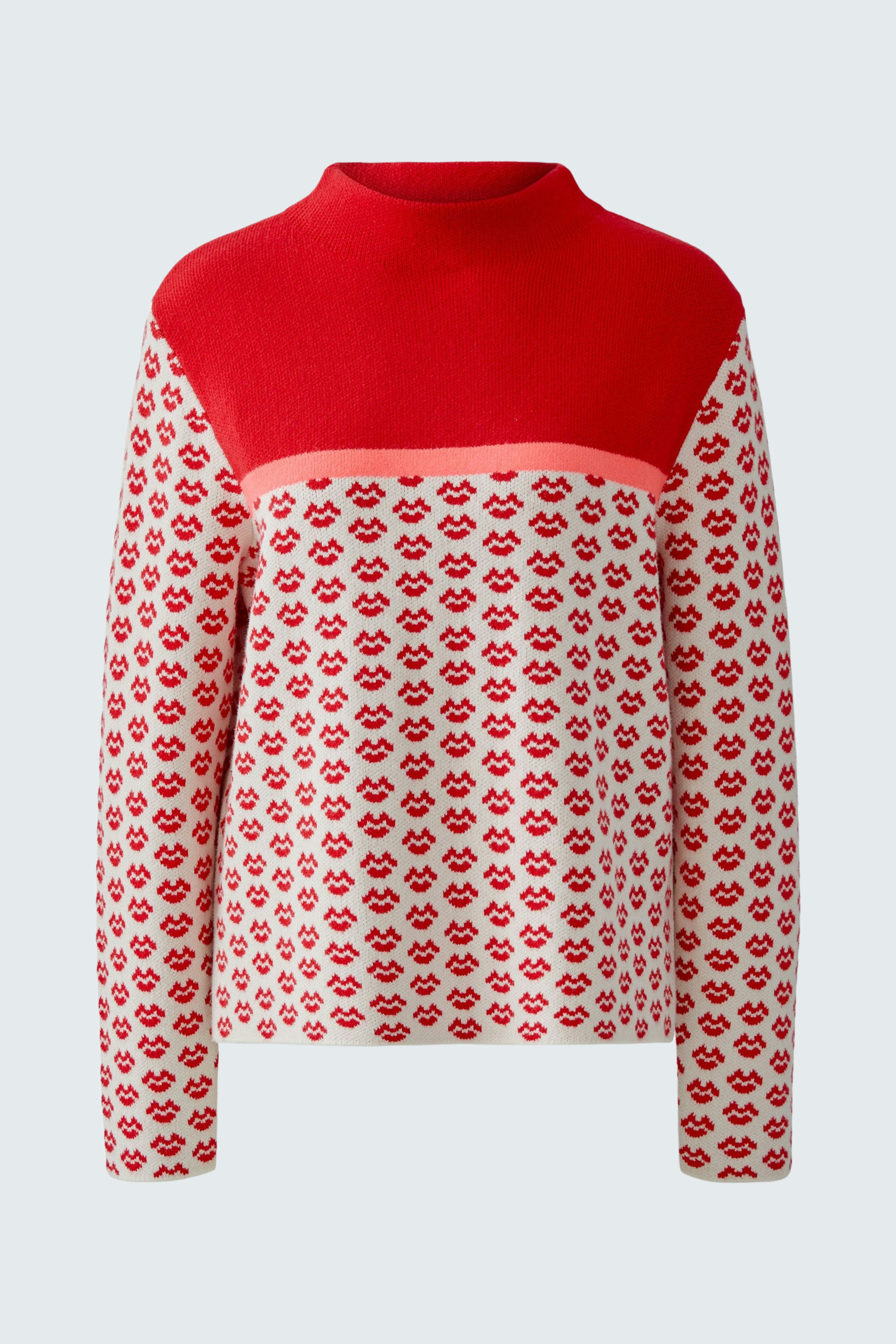 Casual women's pullover: Red and white patterned pullover with a high neck and relaxed fit.