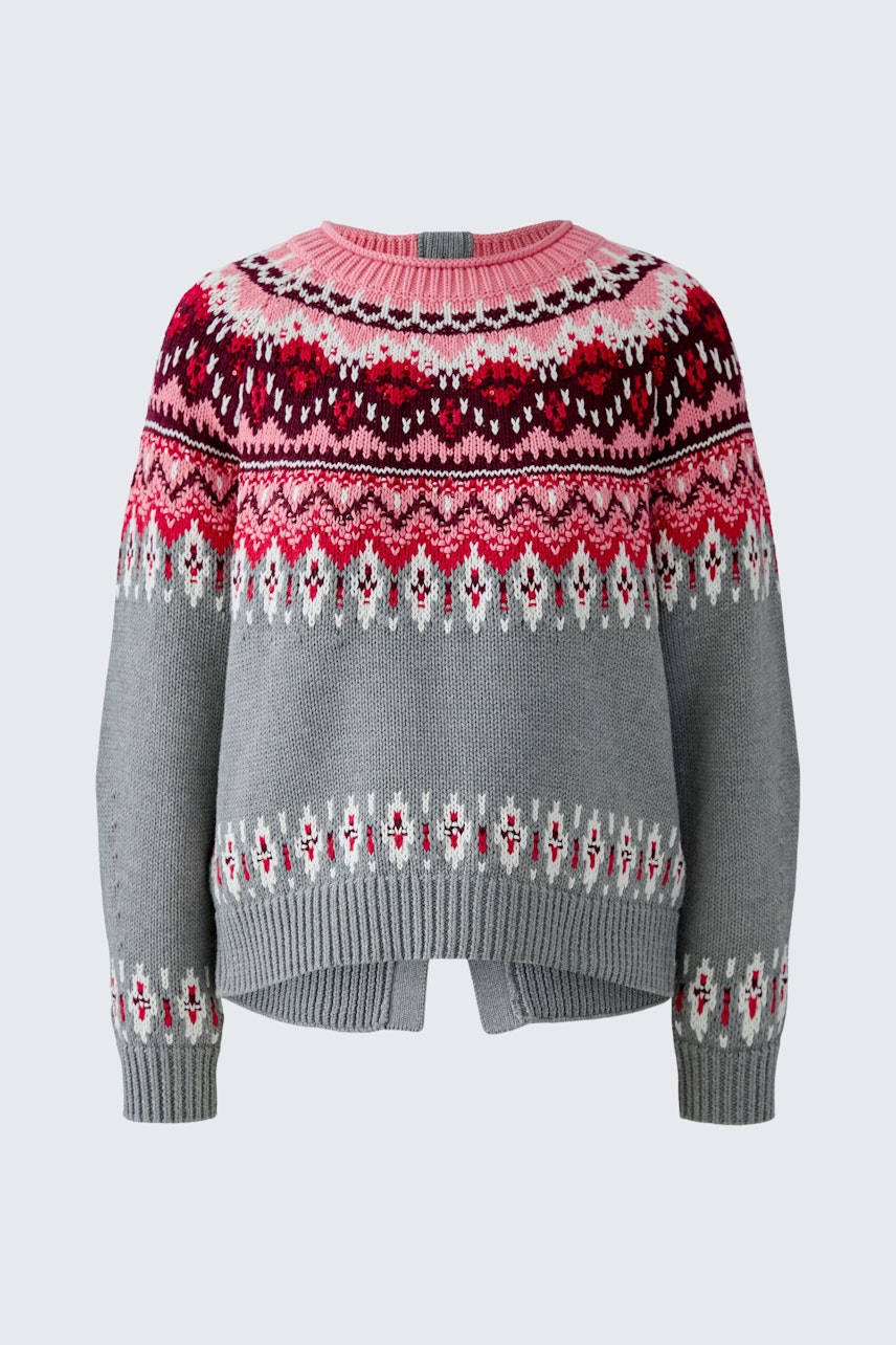 Gemusterter Damen-Pullover in Grau mit pinken und roten Akzenten, lässig und bequem.