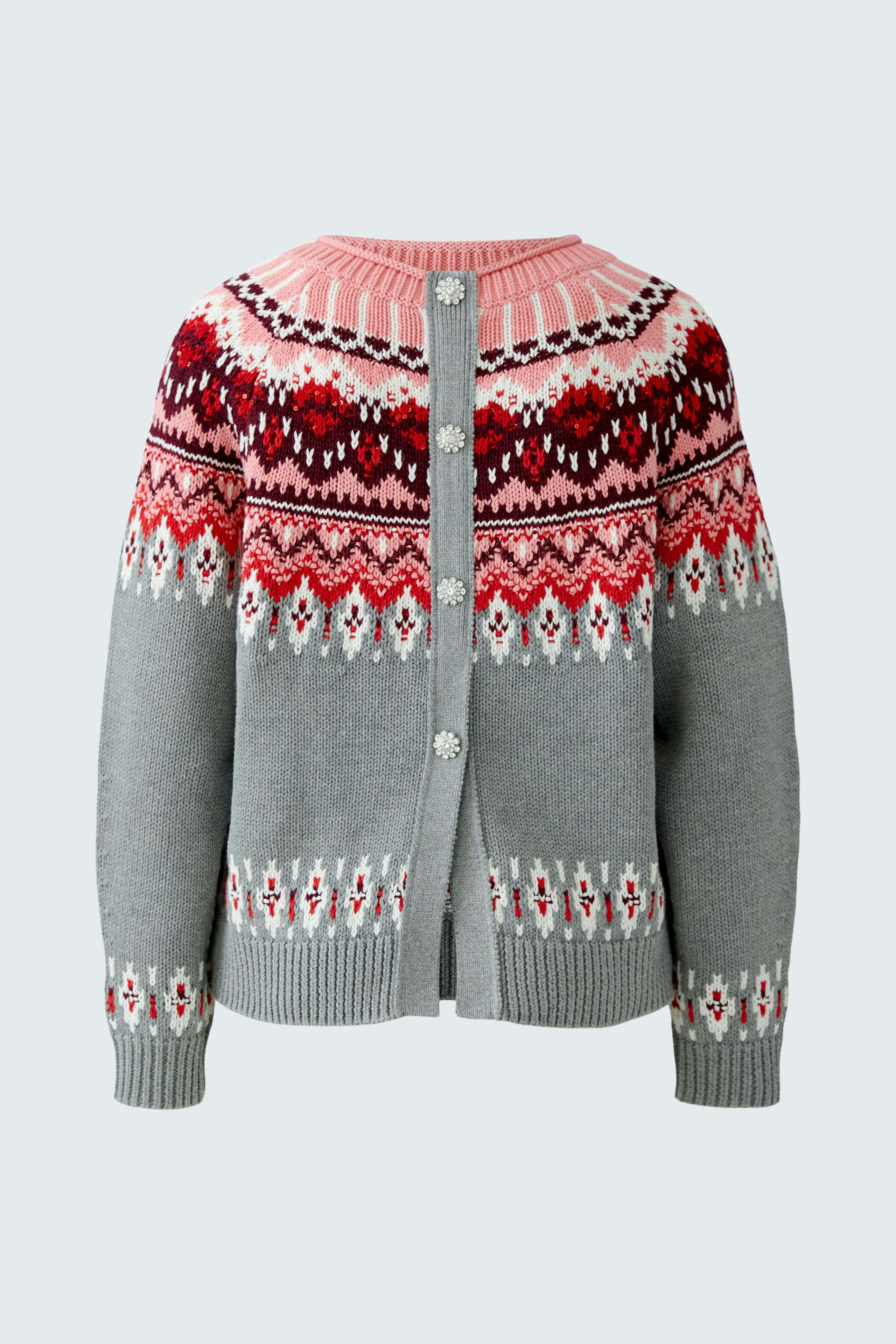 Cozy women's pullover: A gray knit pullover with colorful patterns and buttons at the back.