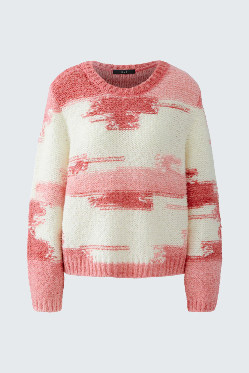 Gemusterter Damen-Pullover in Rosa und Weiß mit lässigem Schnitt und weichem Material.