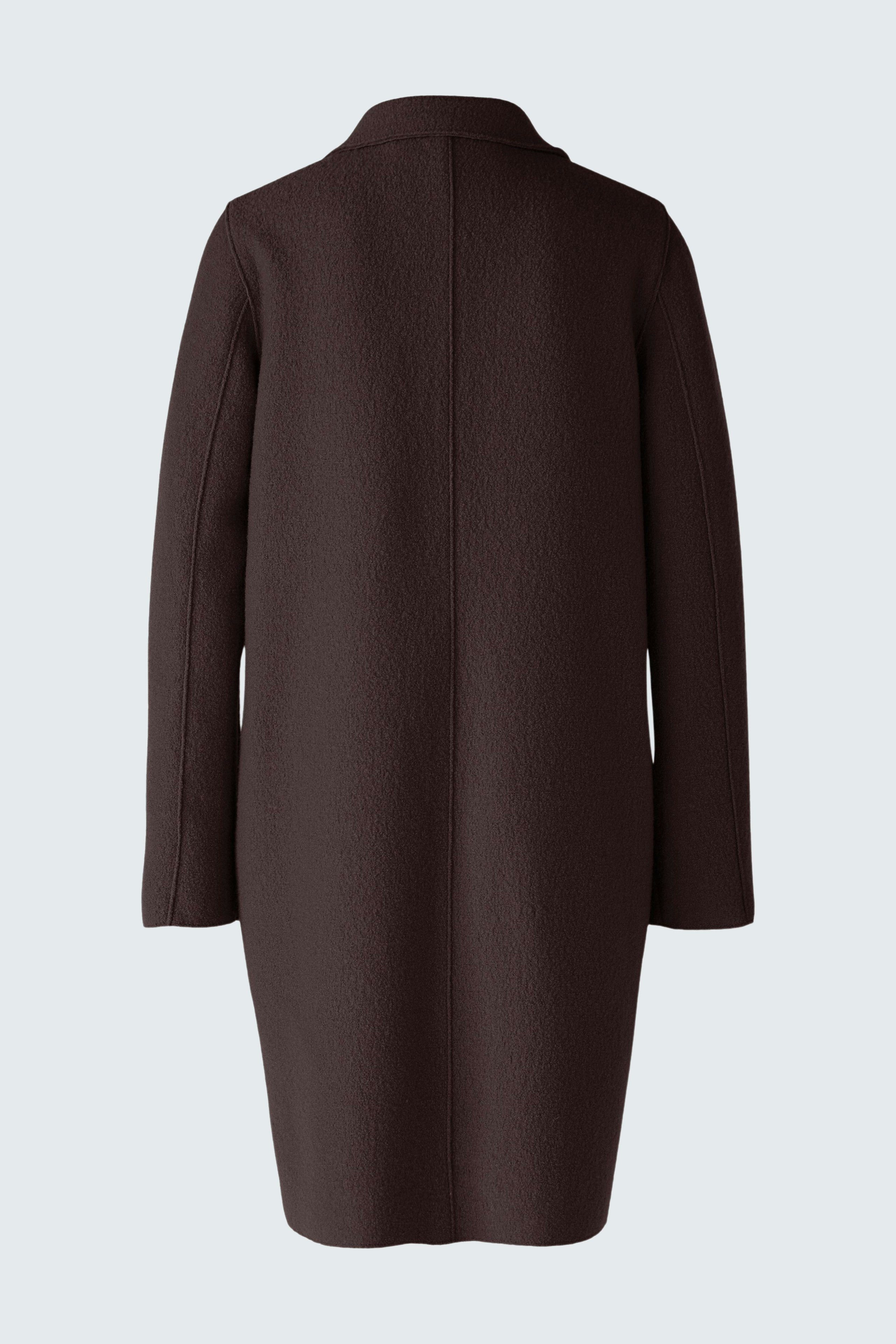 Modern women's wool coat in dark brown, featuring a simple design and relaxed fit.