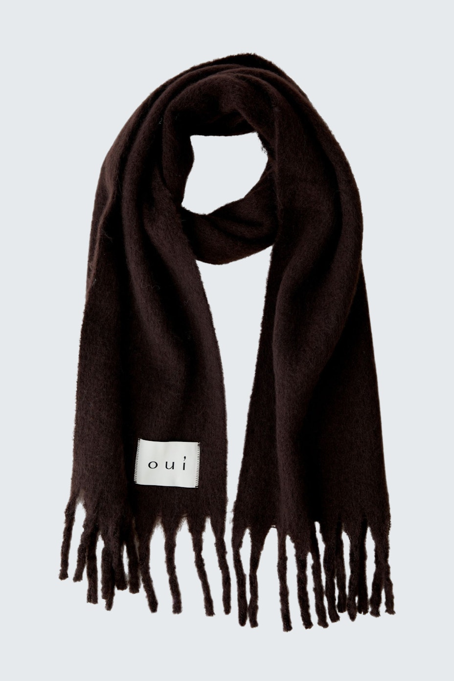 Soft women's scarf in dark brown with fringes, perfect for layering in cooler weather.