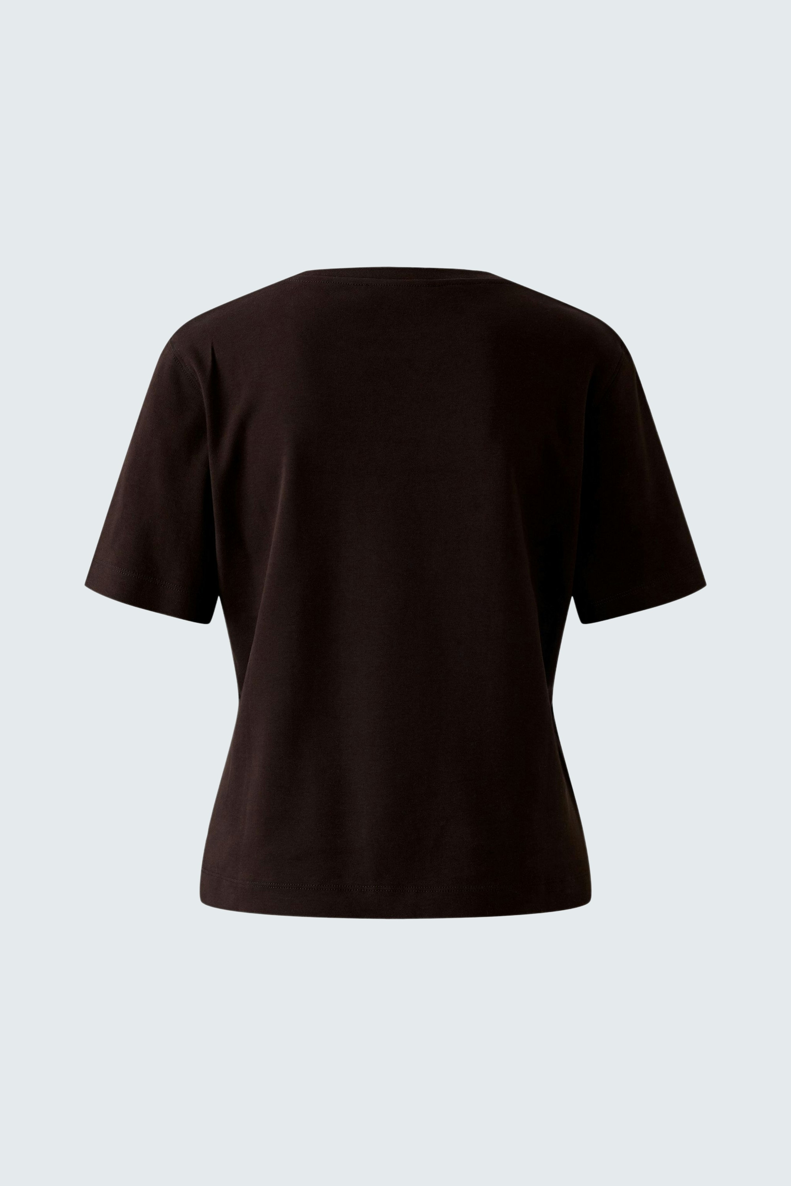 Casual women's T-shirt in dark brown, featuring a simple design and short sleeves.