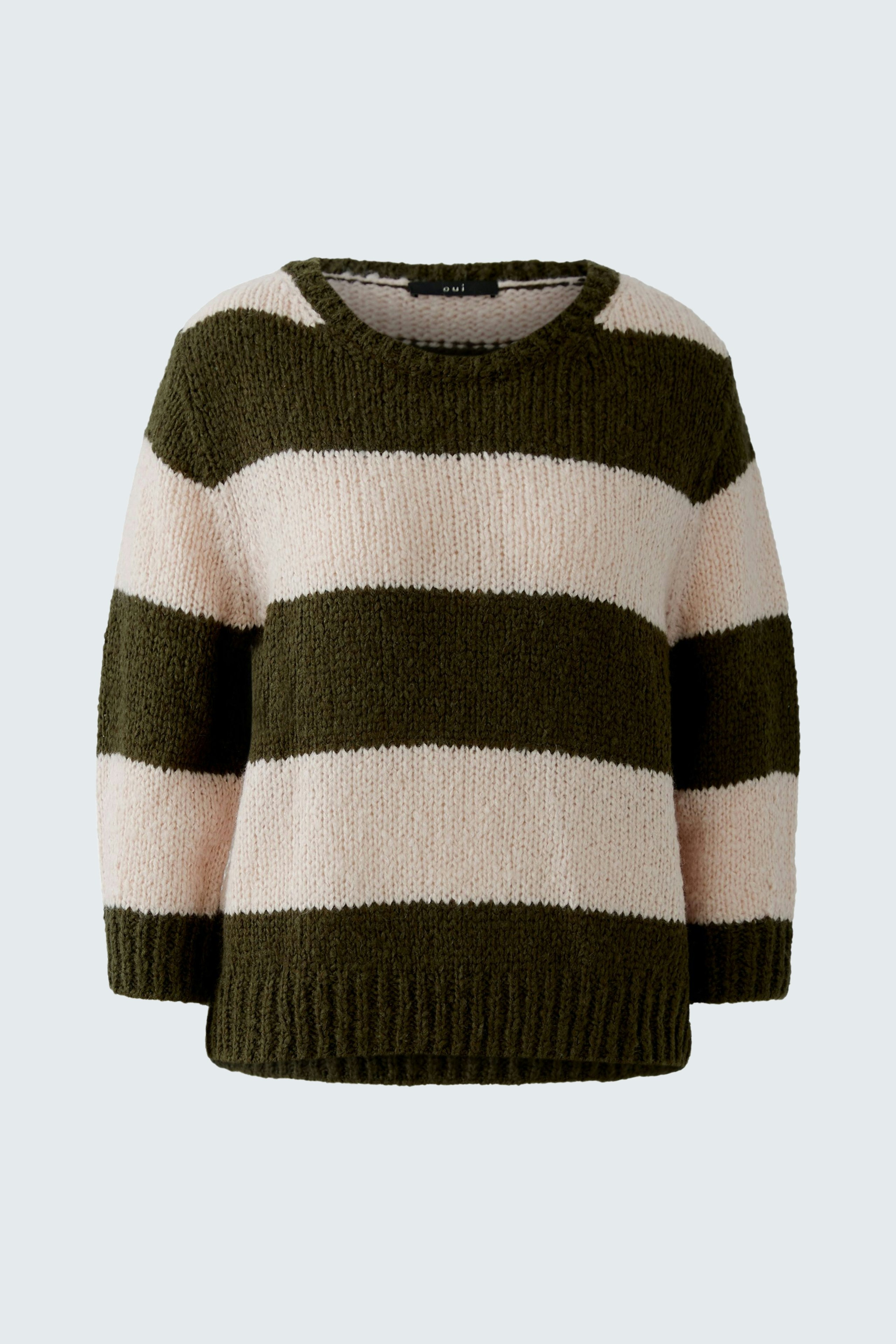 Gemütlicher Damen-Pullover in grün-beigen Streifen, lässig geschnitten und ideal für den Alltag.