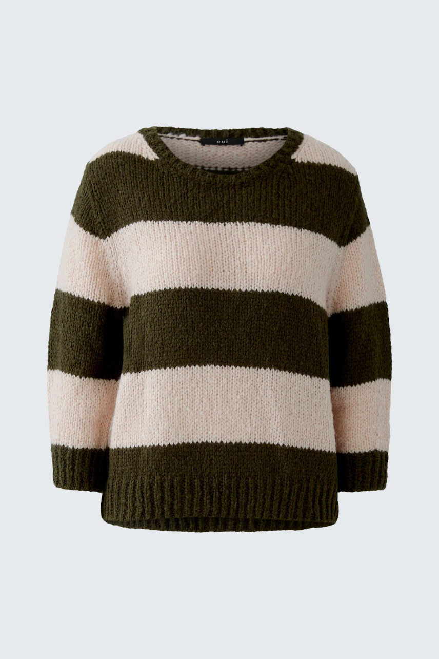 Gemütlicher Damen-Pullover in grün-beigen Streifen, lässig geschnitten und ideal für den Alltag.