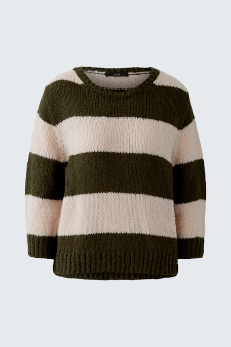 Casual women's pullover: Green and pink striped knit pullover with a relaxed fit.