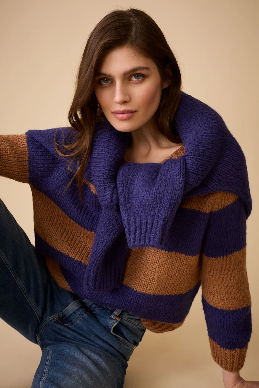 Casual women's pullover: Young woman in a striped purple and brown pullover with a cozy collar.