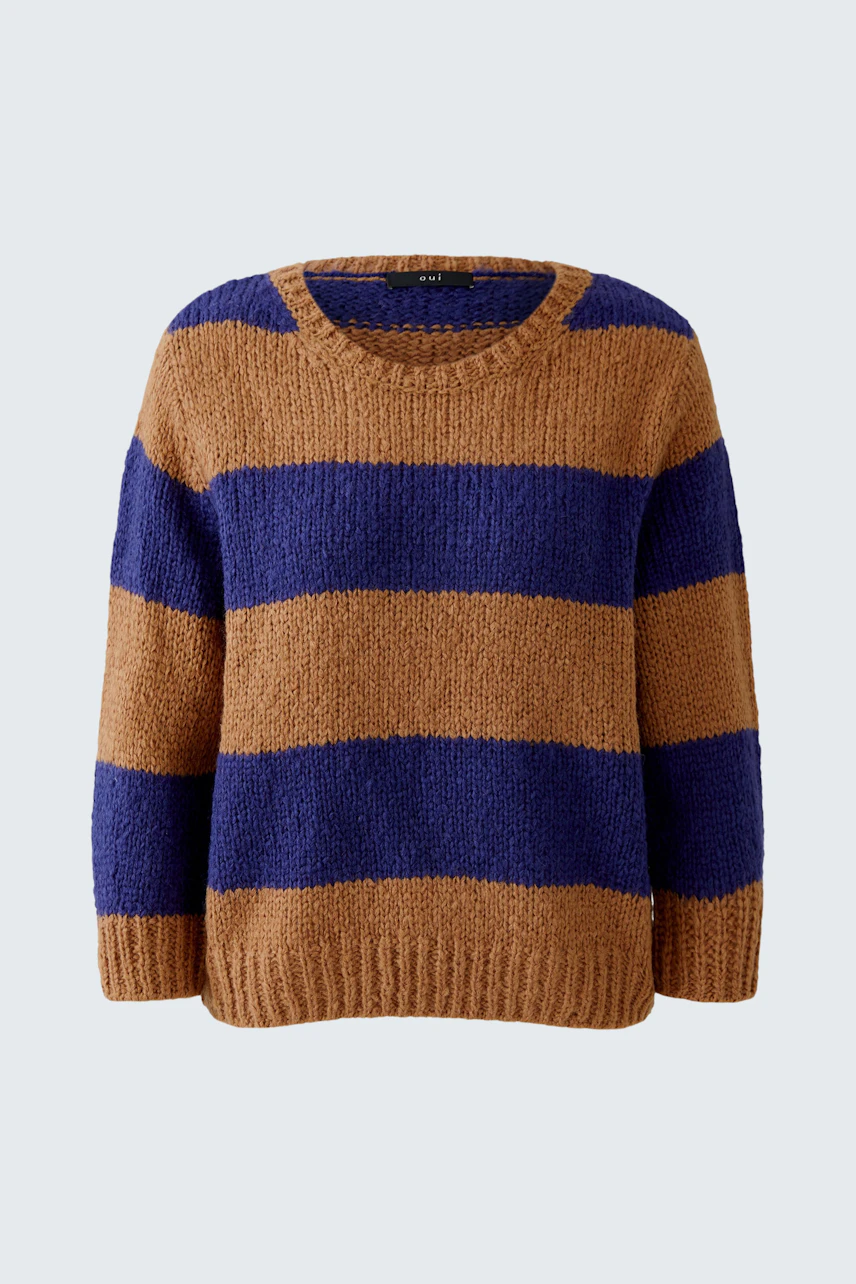 Casual women's pullover: Brown and blue striped knit pullover with a relaxed fit.