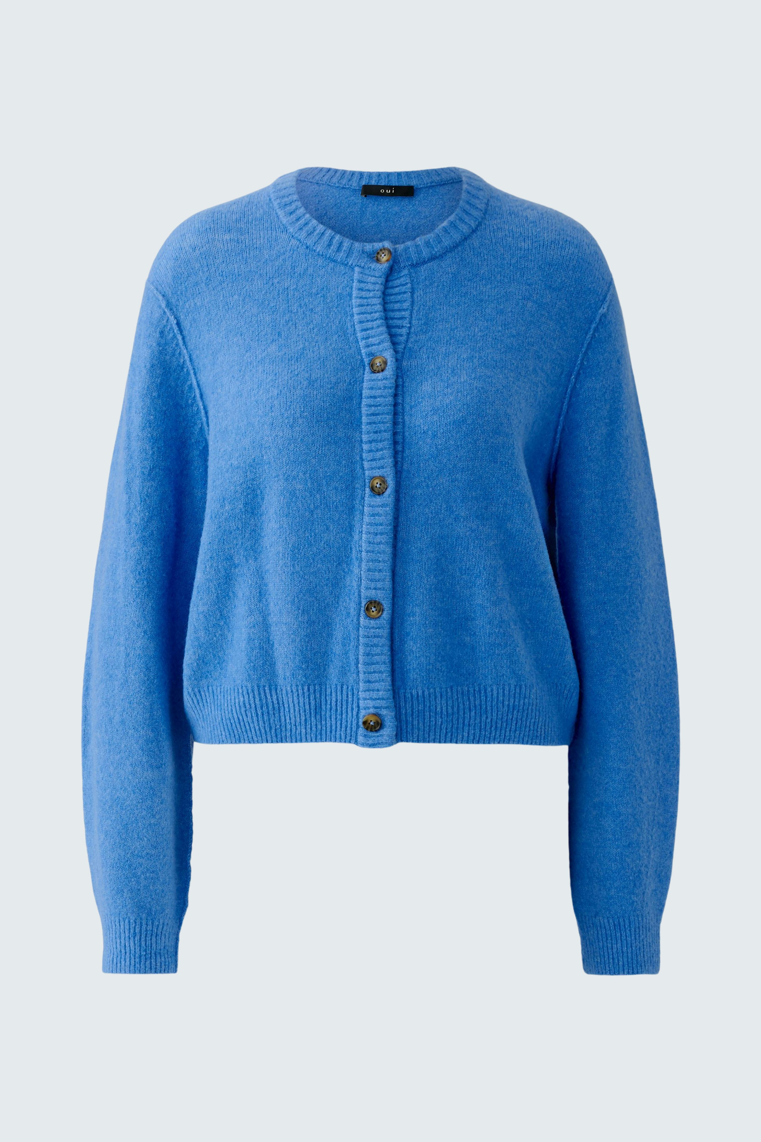 Bequeme Damen-Strickjacke in Blau mit Knöpfen und Rundhalsausschnitt, ideal für lässige Outfits.