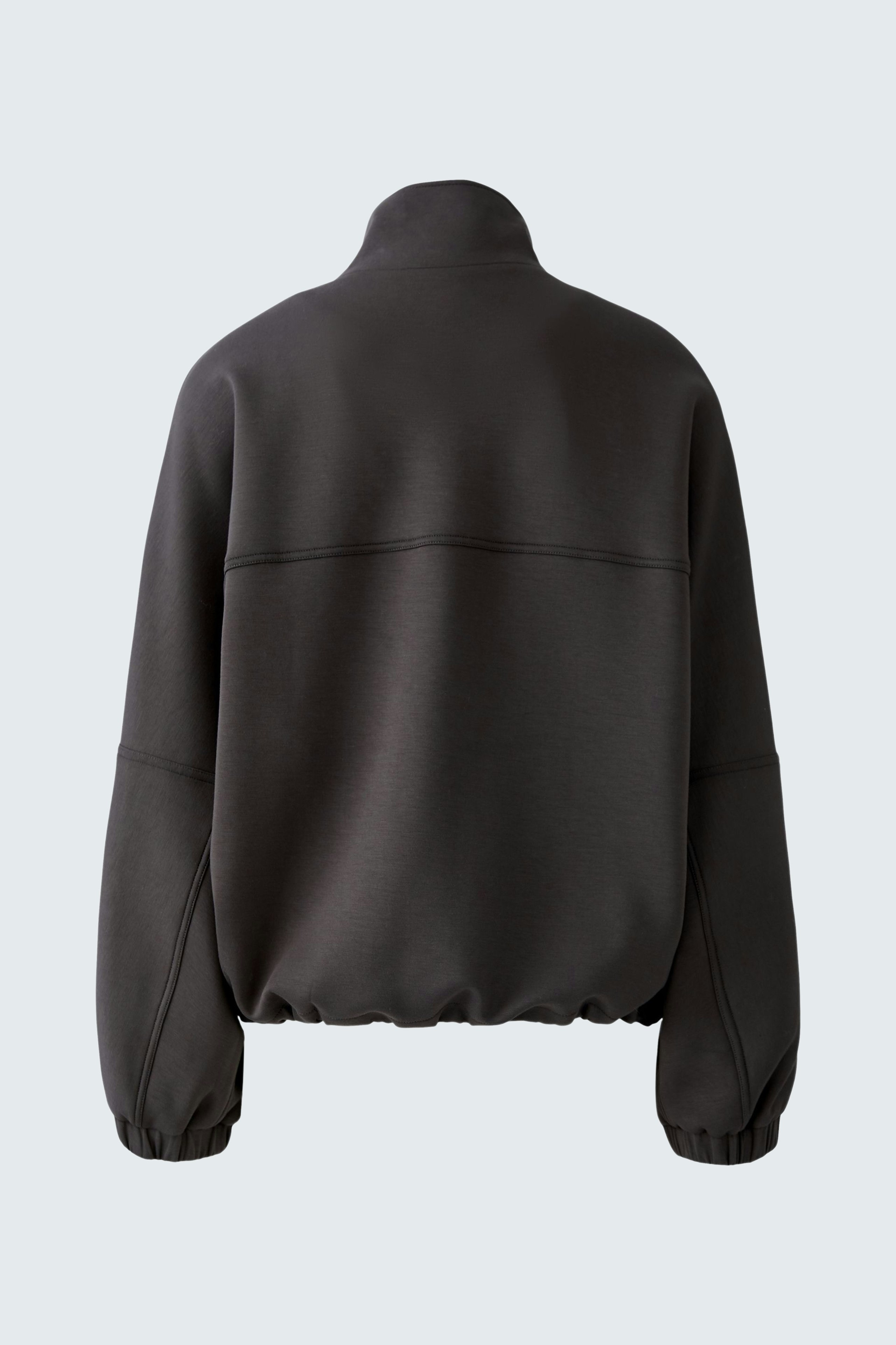 Casual women's jacket: Back view of a dark pullover jacket with a high collar and relaxed fit.