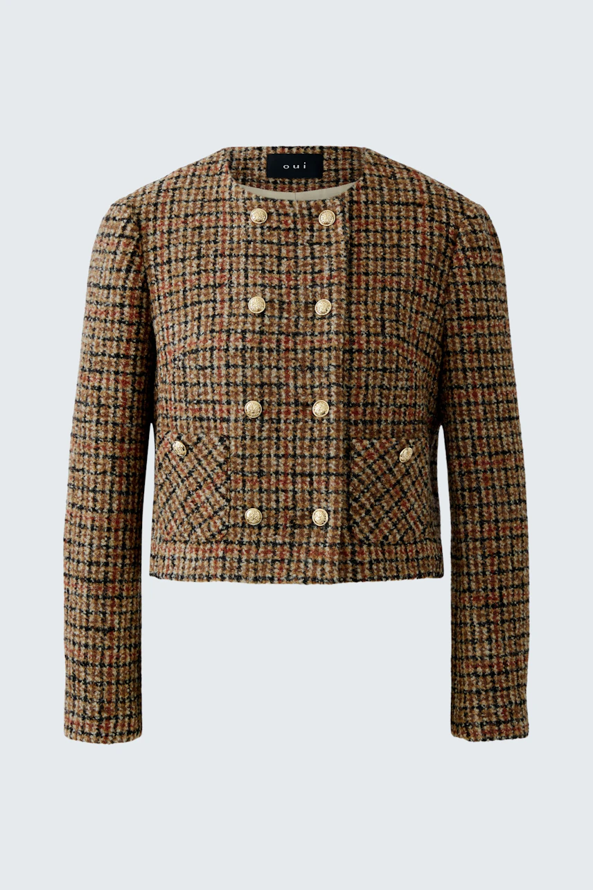 Stylish women's jacket: A cropped, textured jacket with buttons in warm tones.