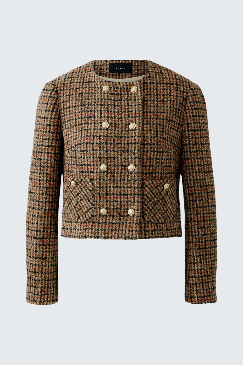 Klassische Damen-Jacke: Kurze, karierte Jacke mit doppelter Knopfleiste und strukturiertem Stoff.