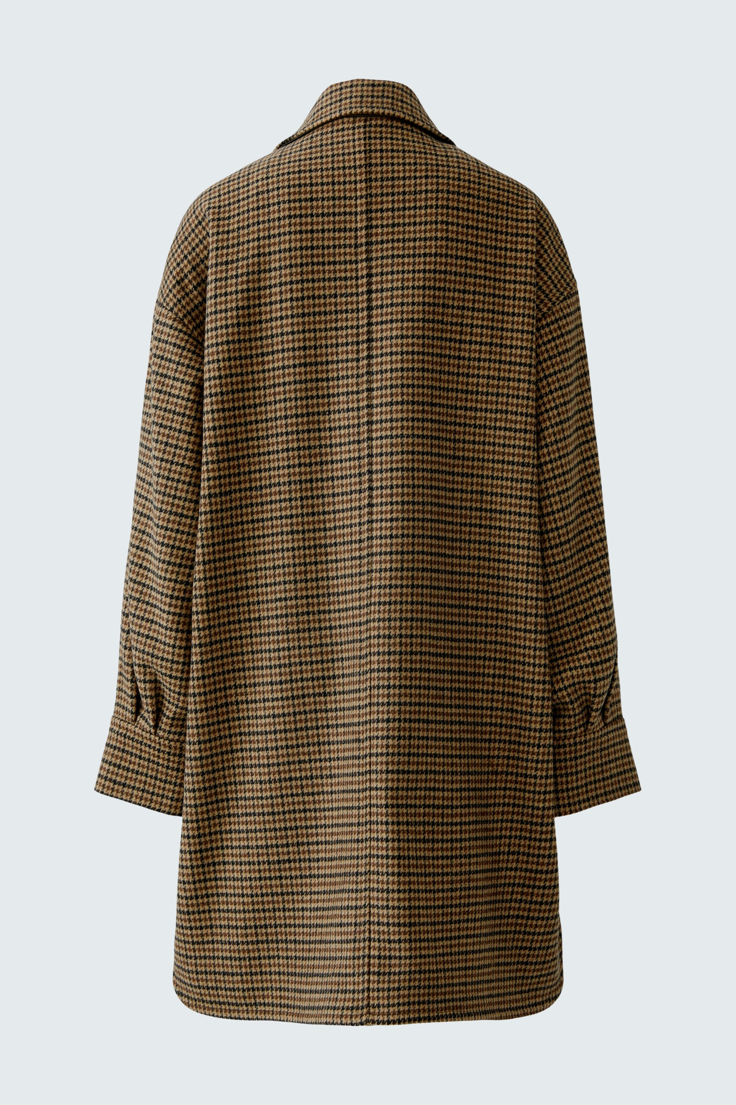 Casual women's wool coat in a brown check pattern, featuring a relaxed fit and back view.