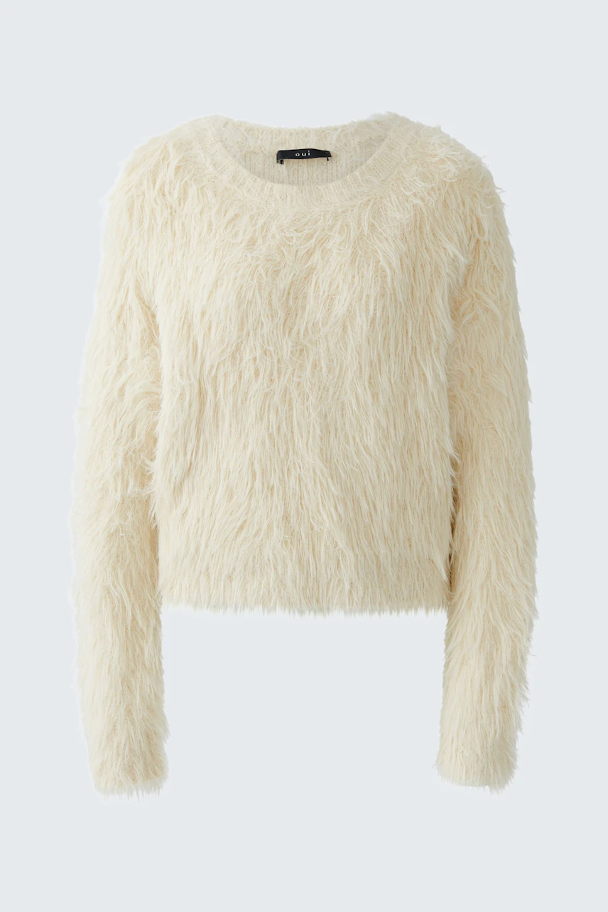 Cozy women's pullover in soft white, featuring a fluffy texture and relaxed fit.