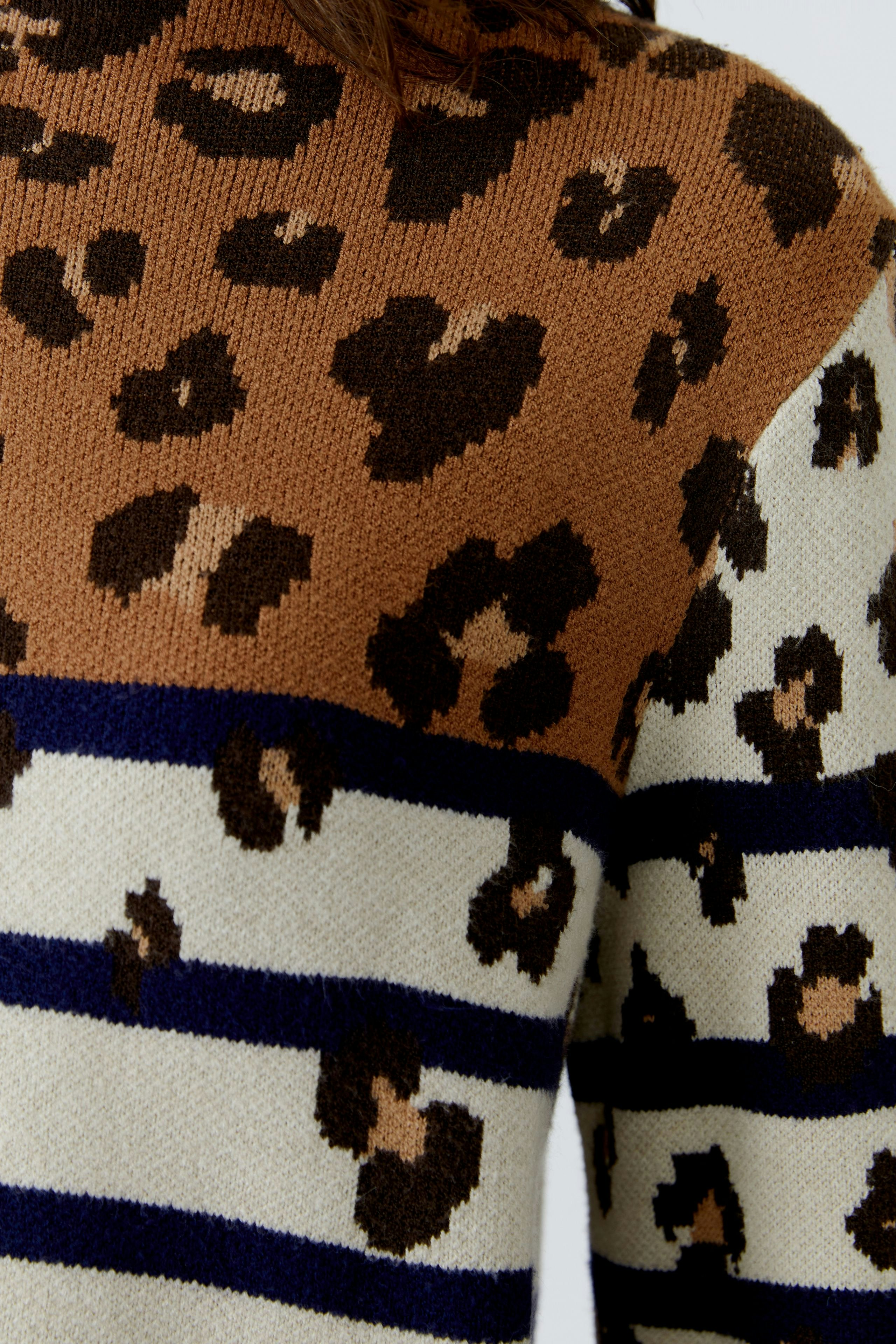 Trendy women's pullover: Close-up of a woman in a brown and cream striped pullover with leopard print.