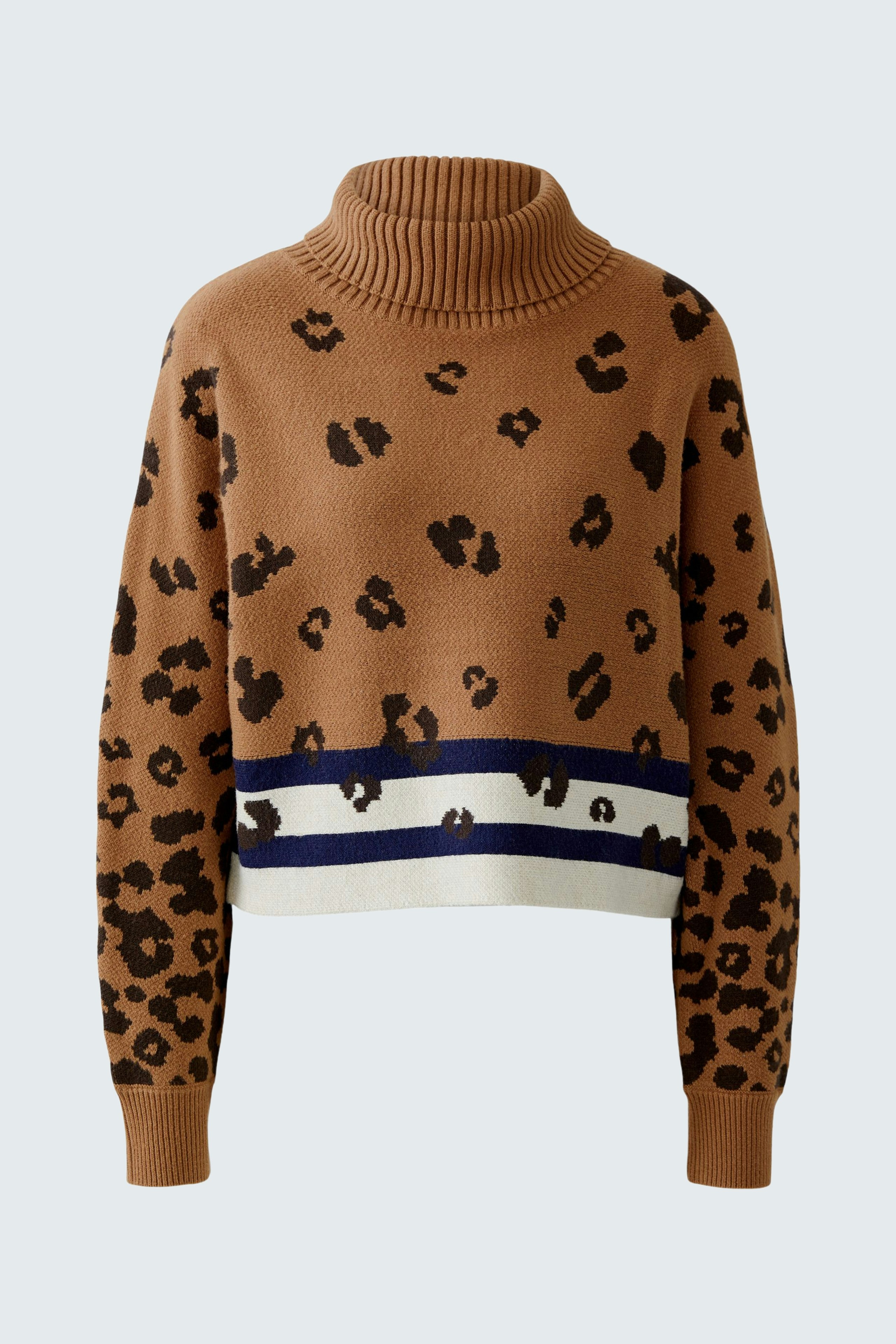Casual women's pullover: Brown with leopard print and striped hem, perfect for everyday wear.