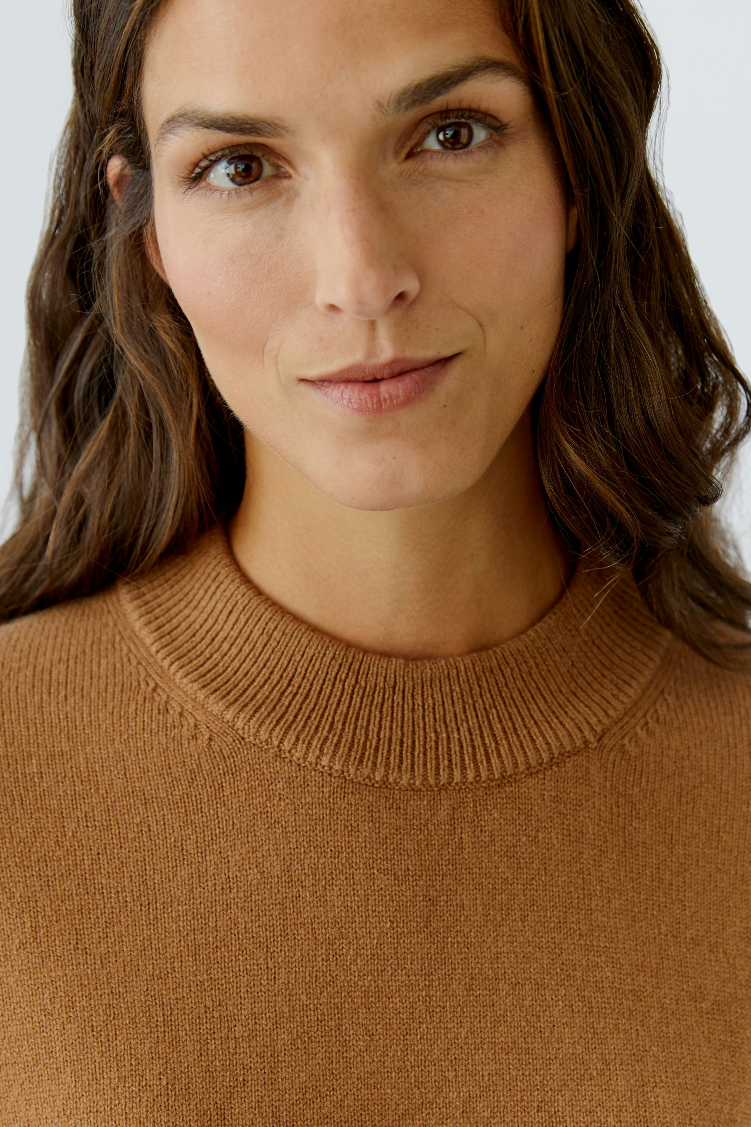 Casual women's pullover in warm brown, featuring a classic round neckline and soft texture.