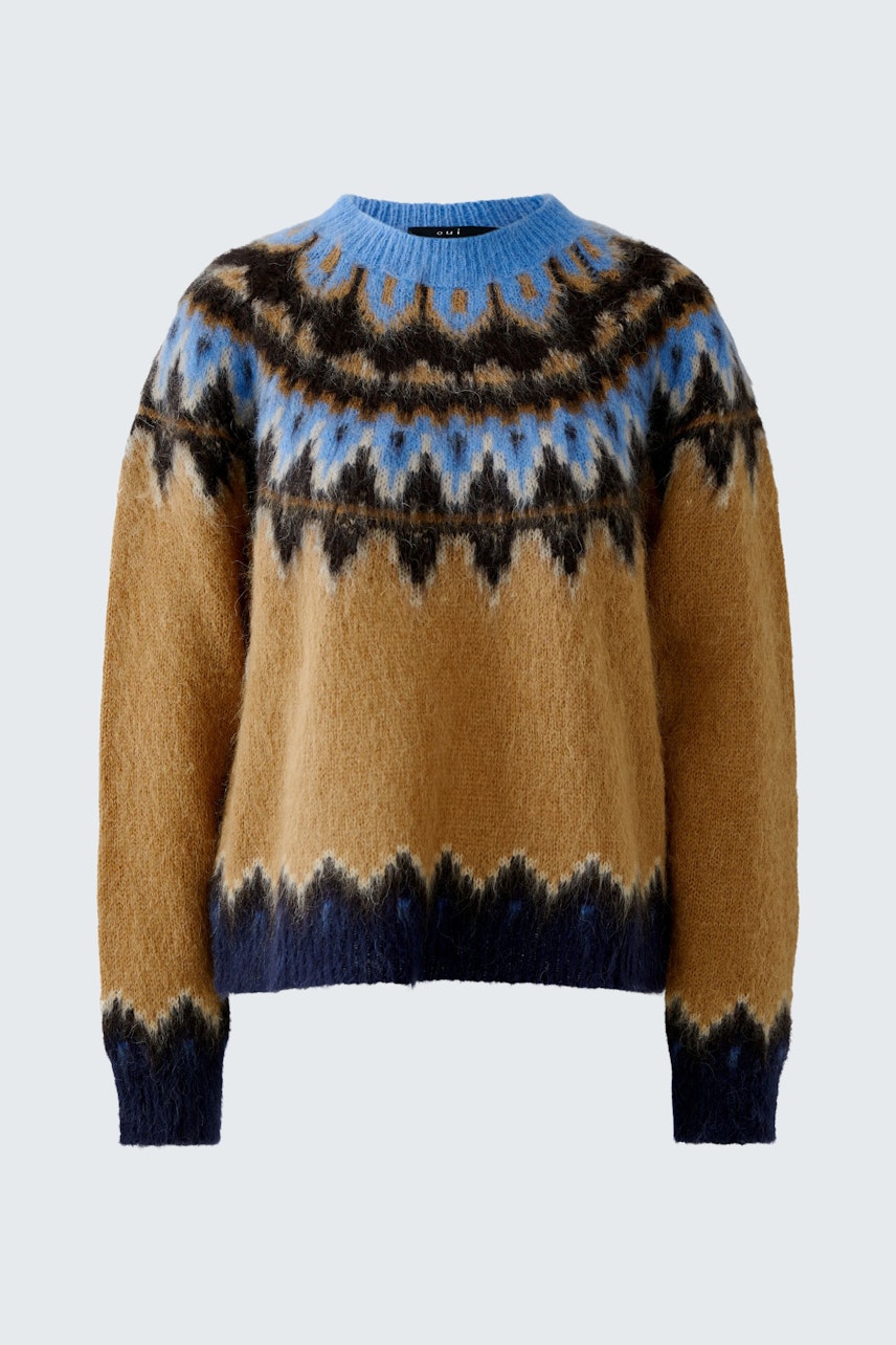 Bequemer Damen-Pullover in Braun und Blau mit auffälligem Muster, ideal für lässige Outfits.