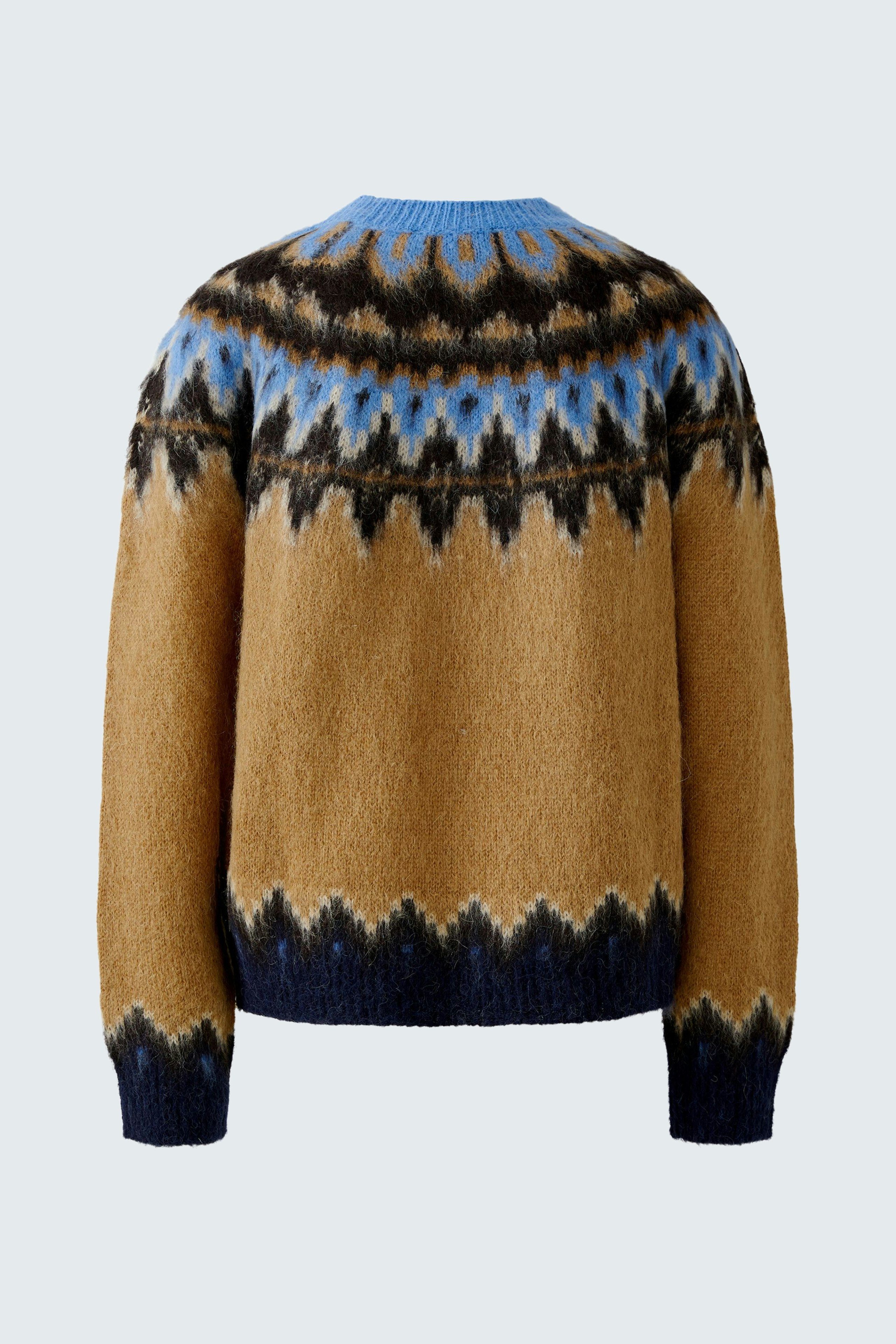 Cozy women's pullover in brown with blue and black patterns, perfect for casual wear.