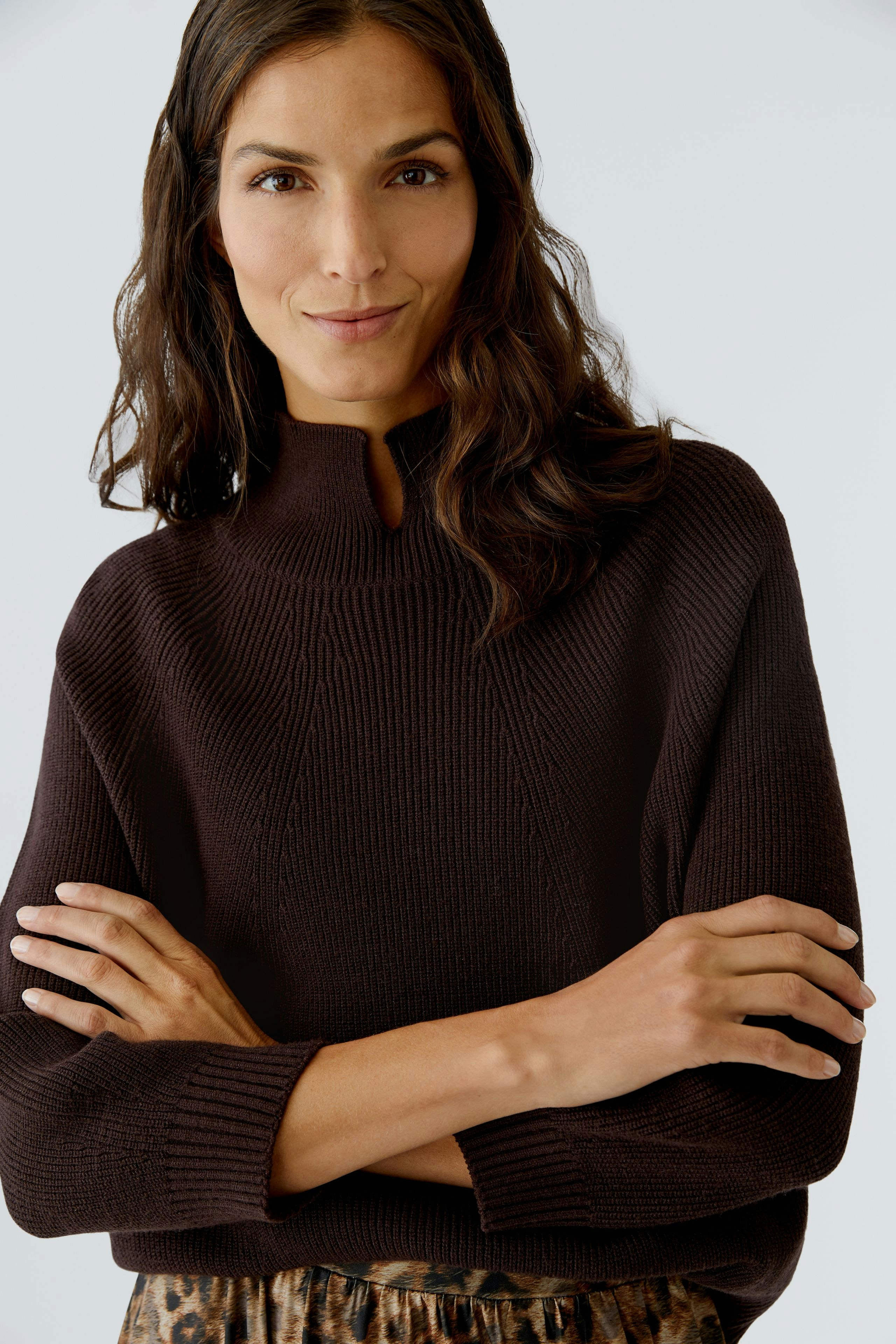Modern women's pullover: A woman in a dark brown knitted pullover with a high neck, looking confidently.