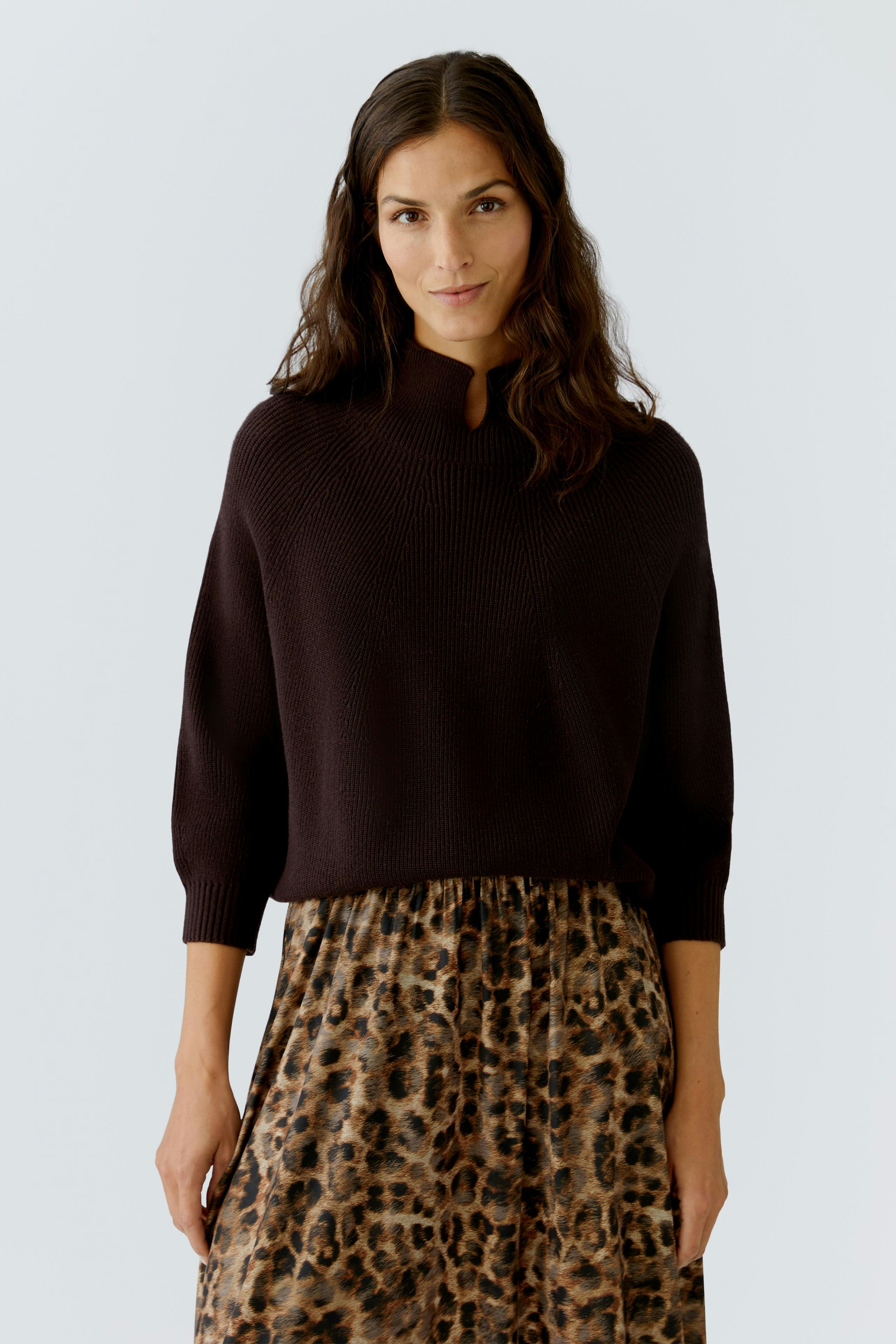 Casual women's pullover: A woman in a dark brown pullover paired with a leopard print skirt.