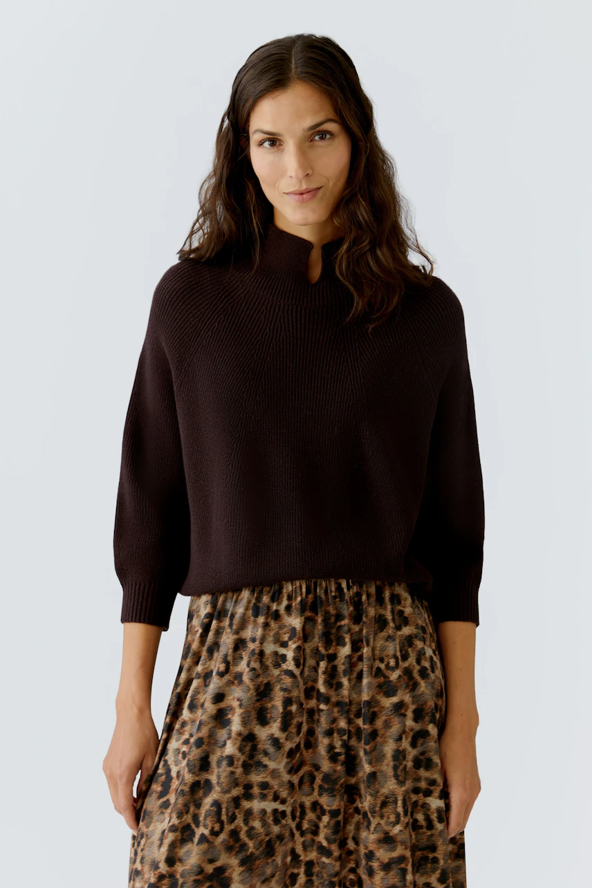Casual women's pullover: A woman in a dark brown pullover paired with a leopard print skirt.