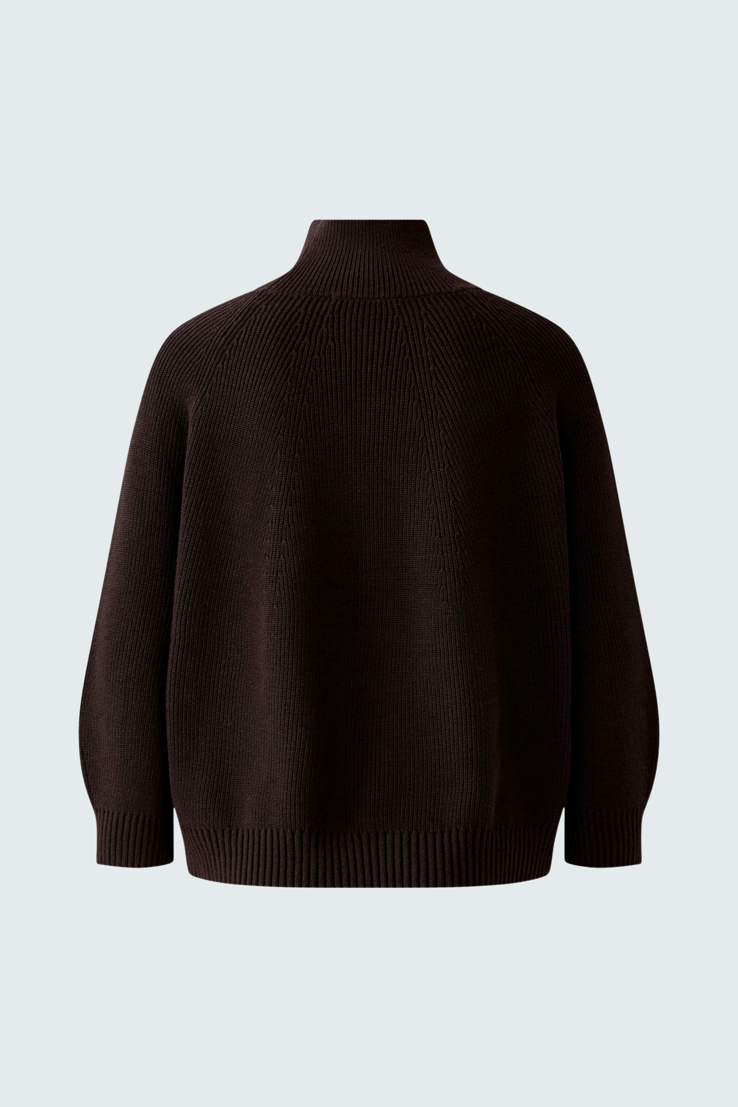 Casual women's pullover: Dark brown knit pullover with a relaxed fit and high collar.