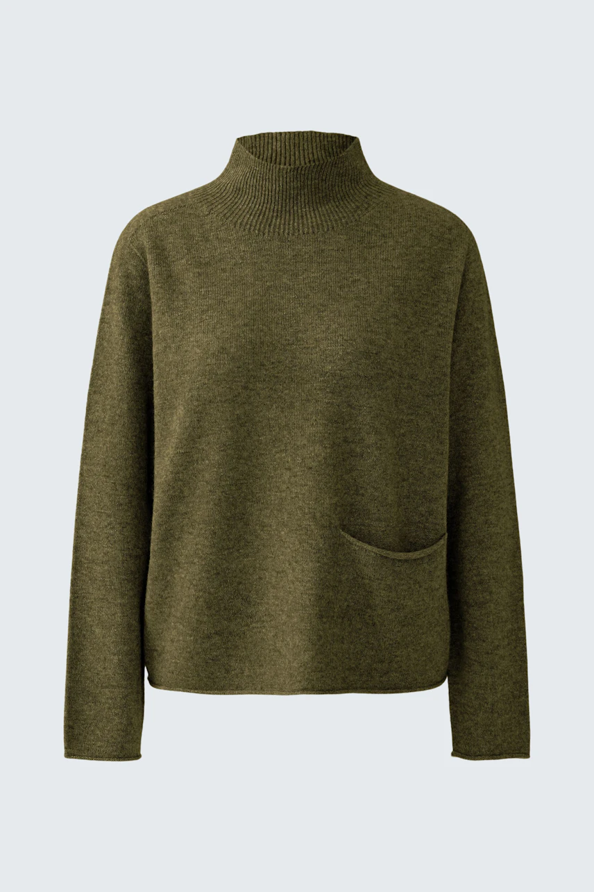 Bequemer Damen-Pullover in Olivgrün mit Stehkragen und praktischer Tasche.