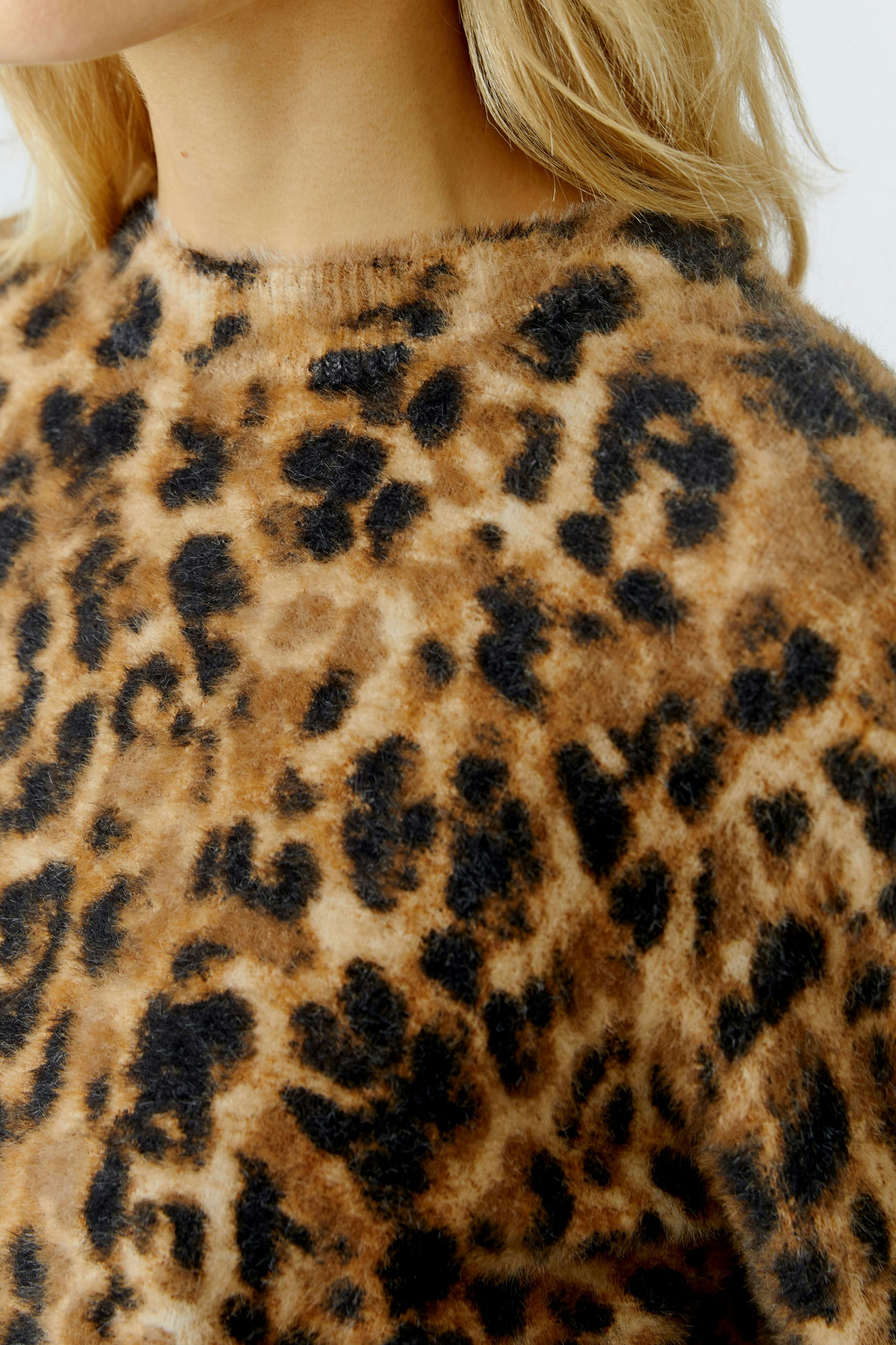 Casual women's pullover: Close-up of a woman in a soft, leopard print pullover with a relaxed fit.