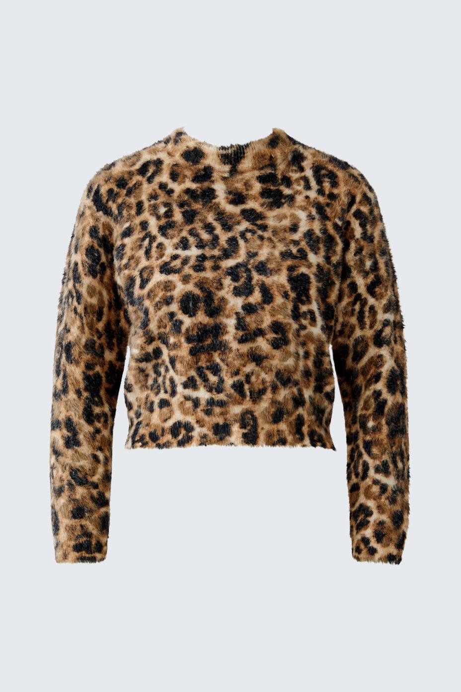 Leoparden-Pullover: Modischer Damen-Pullover mit kurzem Schnitt und auffälligem Leopardenmuster.