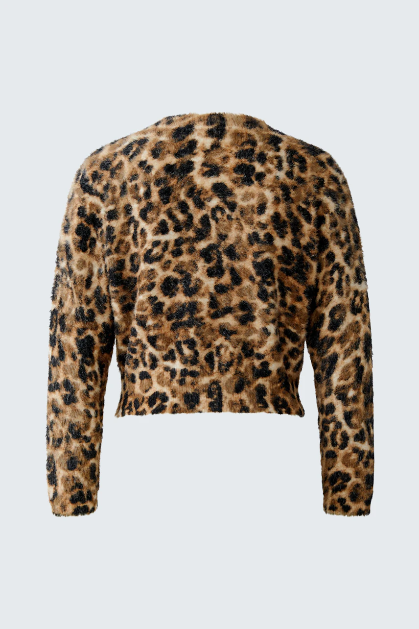 Leoparden-Pullover: Rückansicht eines Damen-Pullovers mit auffälligem Muster in Braun- und Beigetönen.