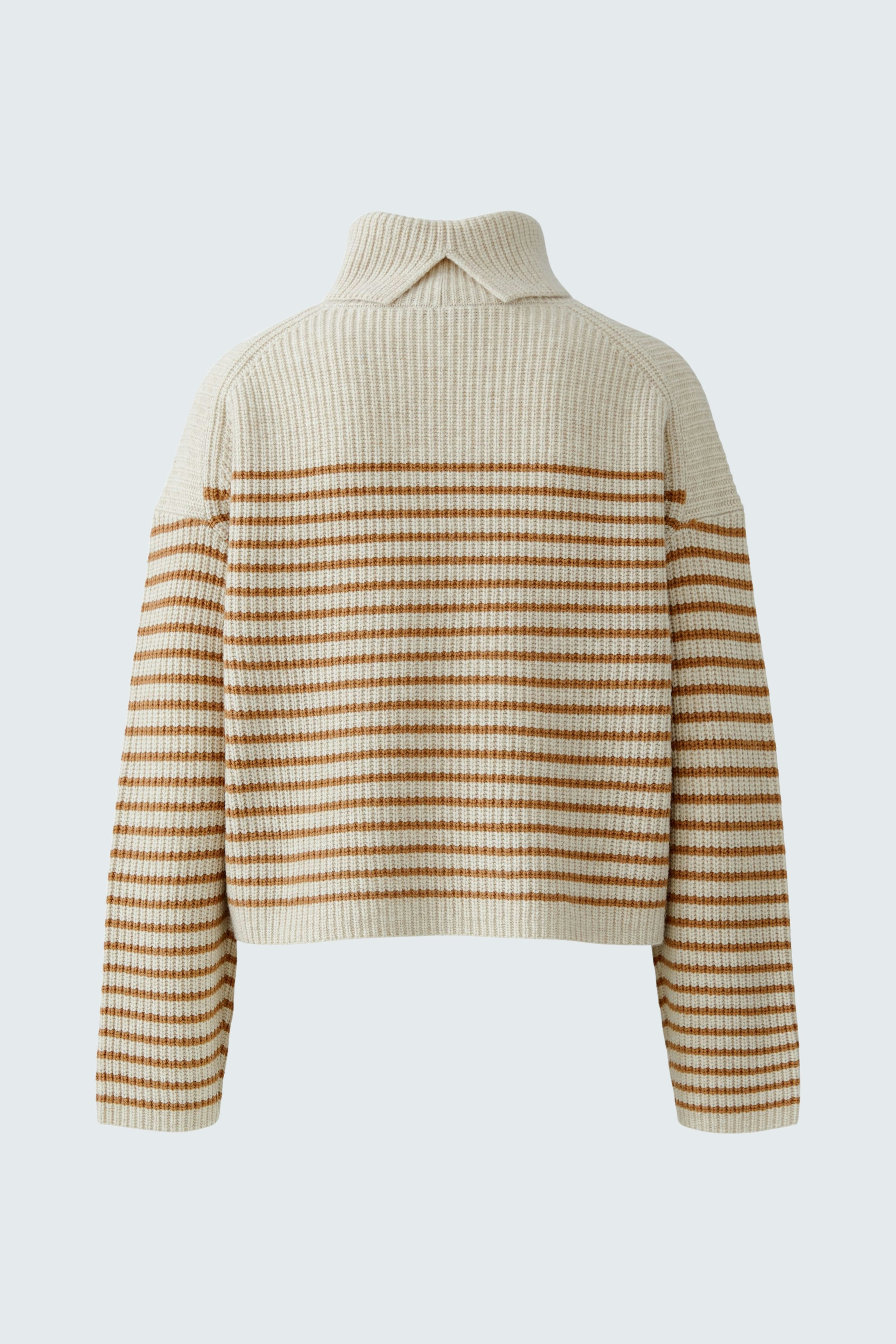 Casual women's pullover: Back view of a striped pullover in cream and brown tones.
