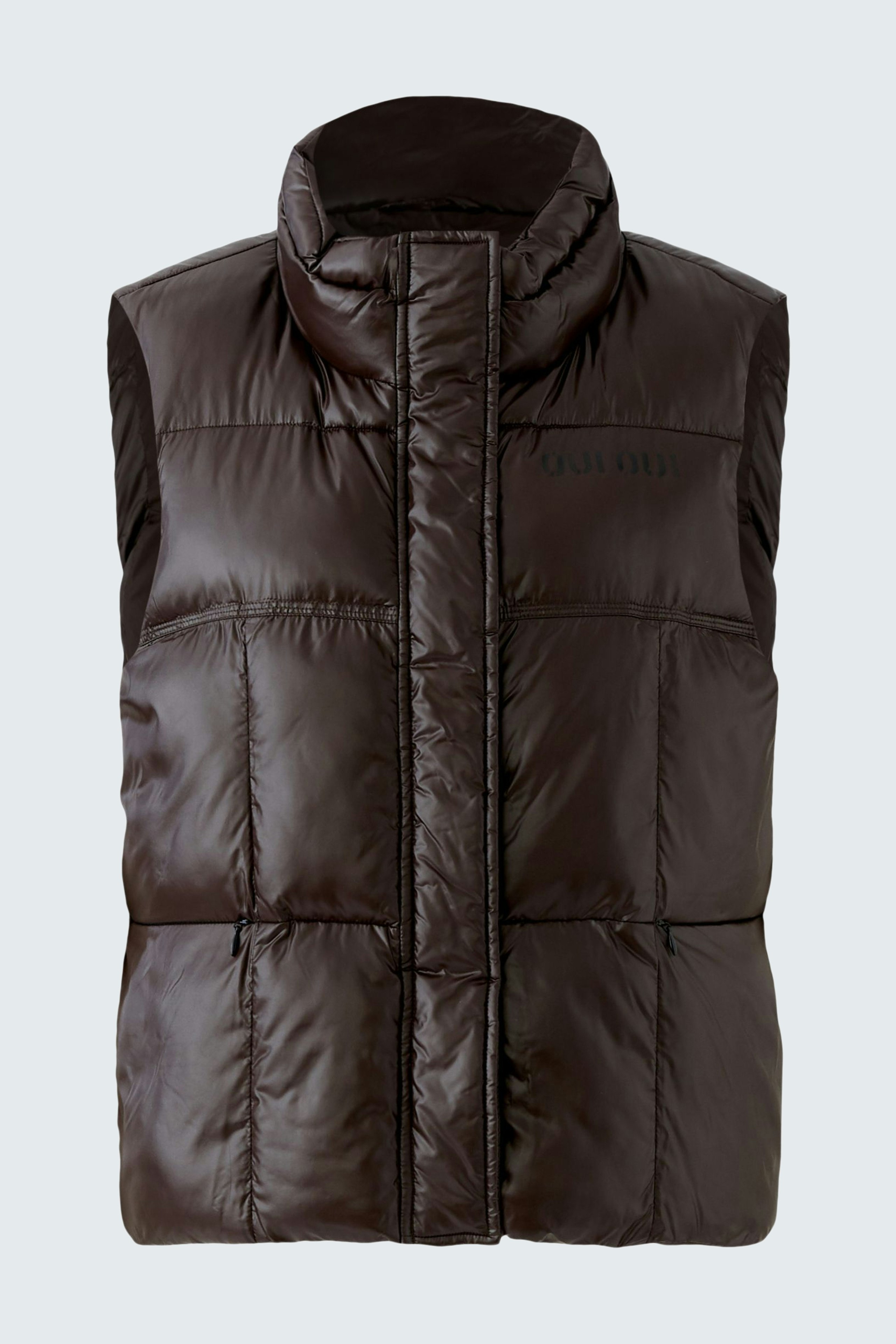 Stylish women's vest in dark brown, featuring a high collar and a puffy design.