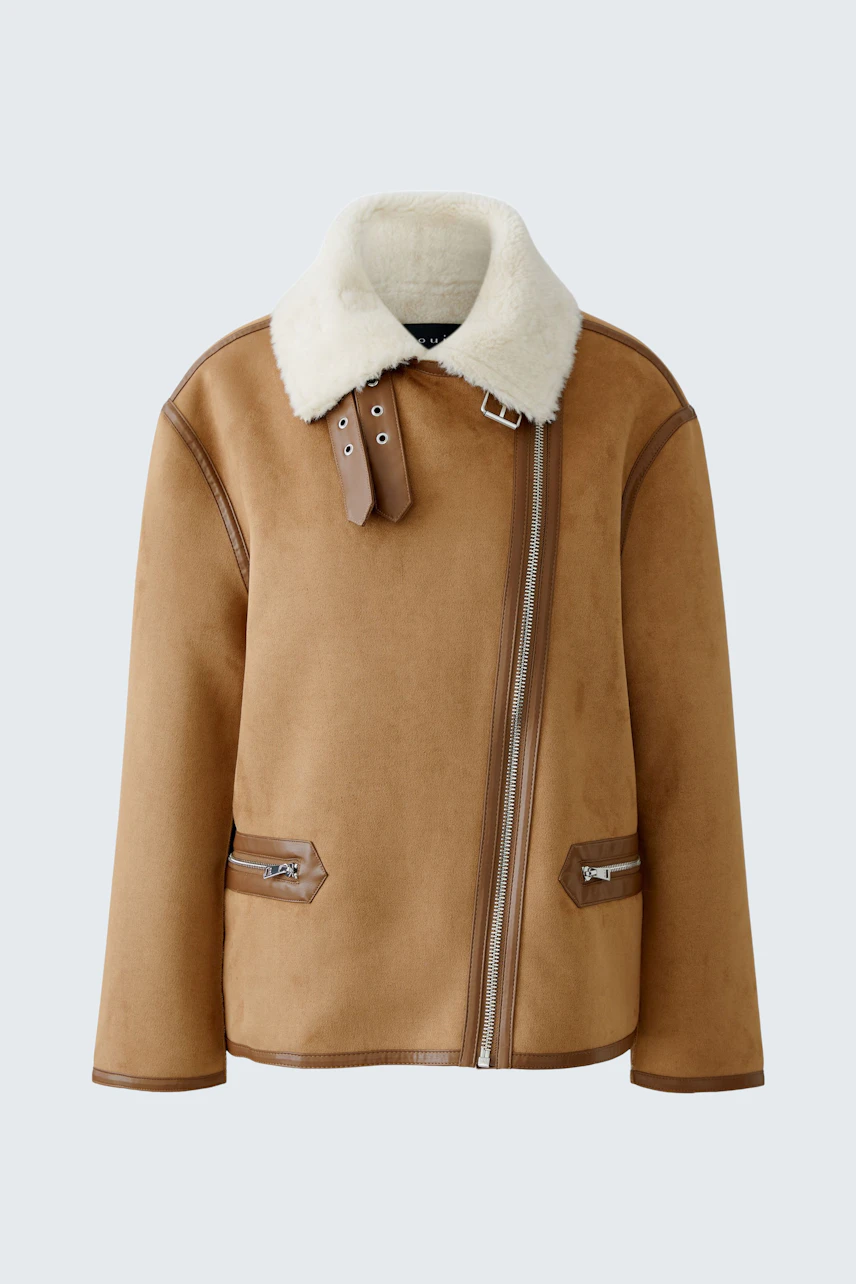 Stylish outdoor jacket: A warm brown jacket with a soft collar, perfect for chilly days.